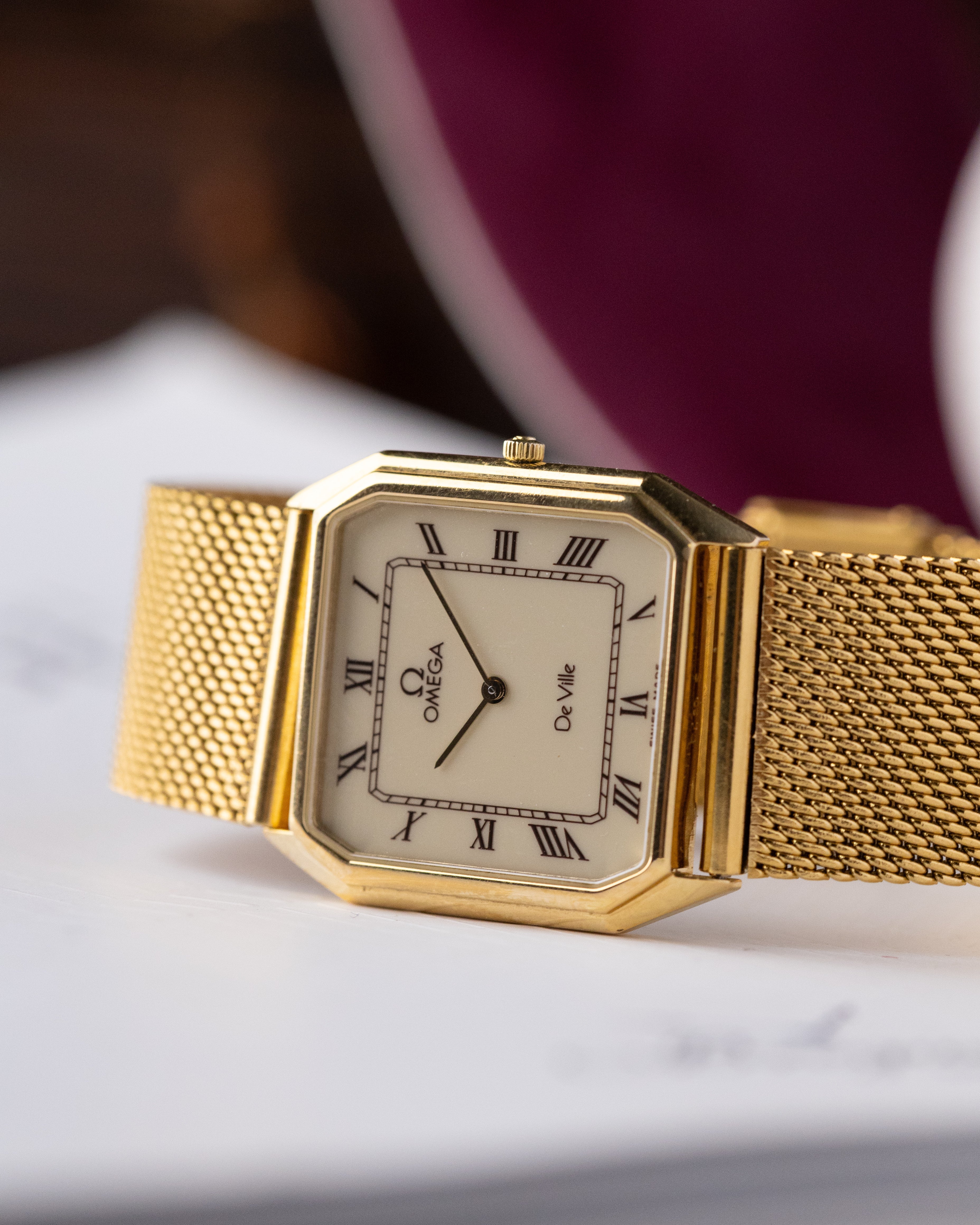 Vintage Omega De Ville Tank, Rare Burgundy Roman Numerals, Swiss Watch from 1983 - DuMarko