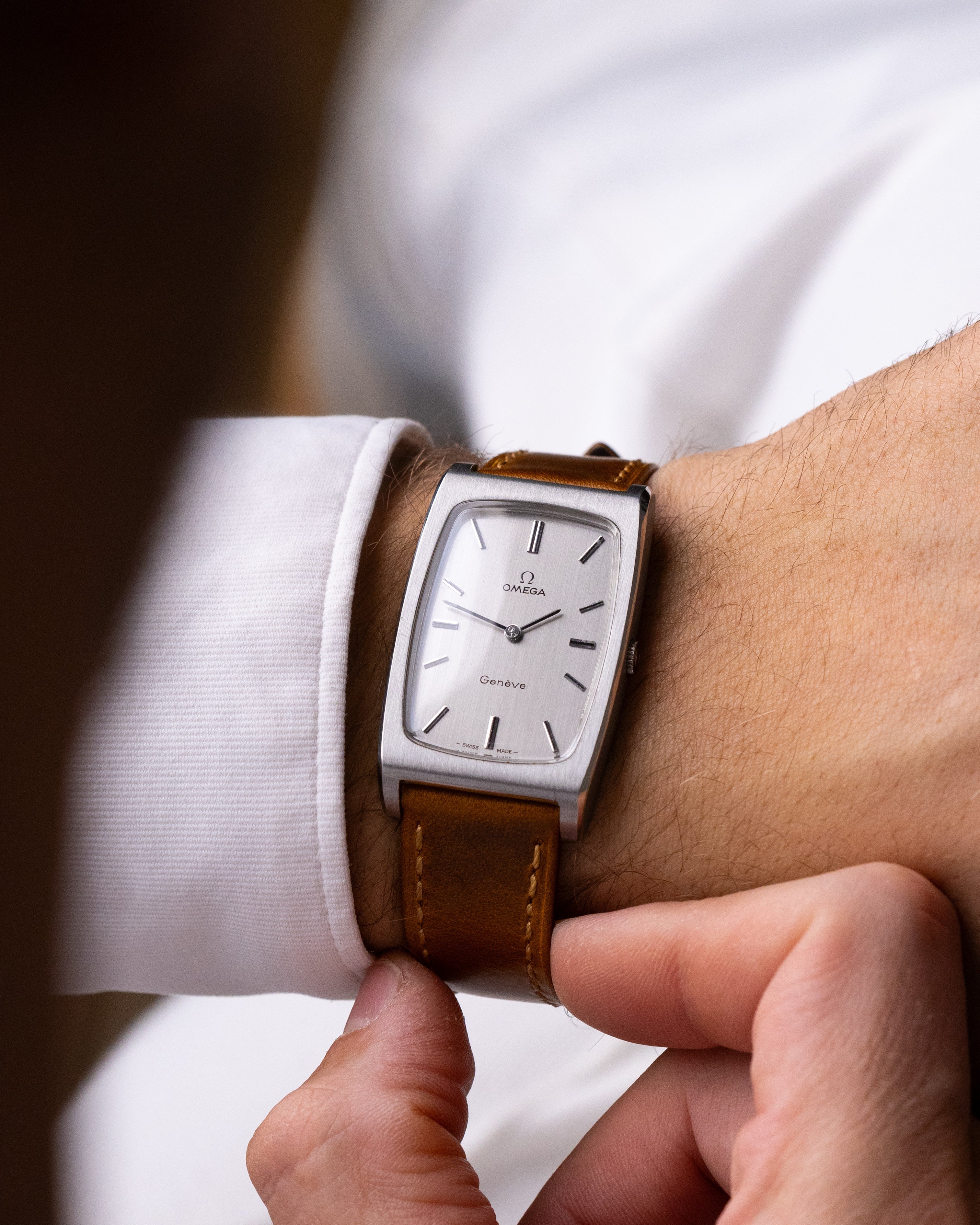 Vintage Omega Genève Oversized Tonneau Tank, Silver Dial, Ref. 111.0110 from 1971 - DuMarko