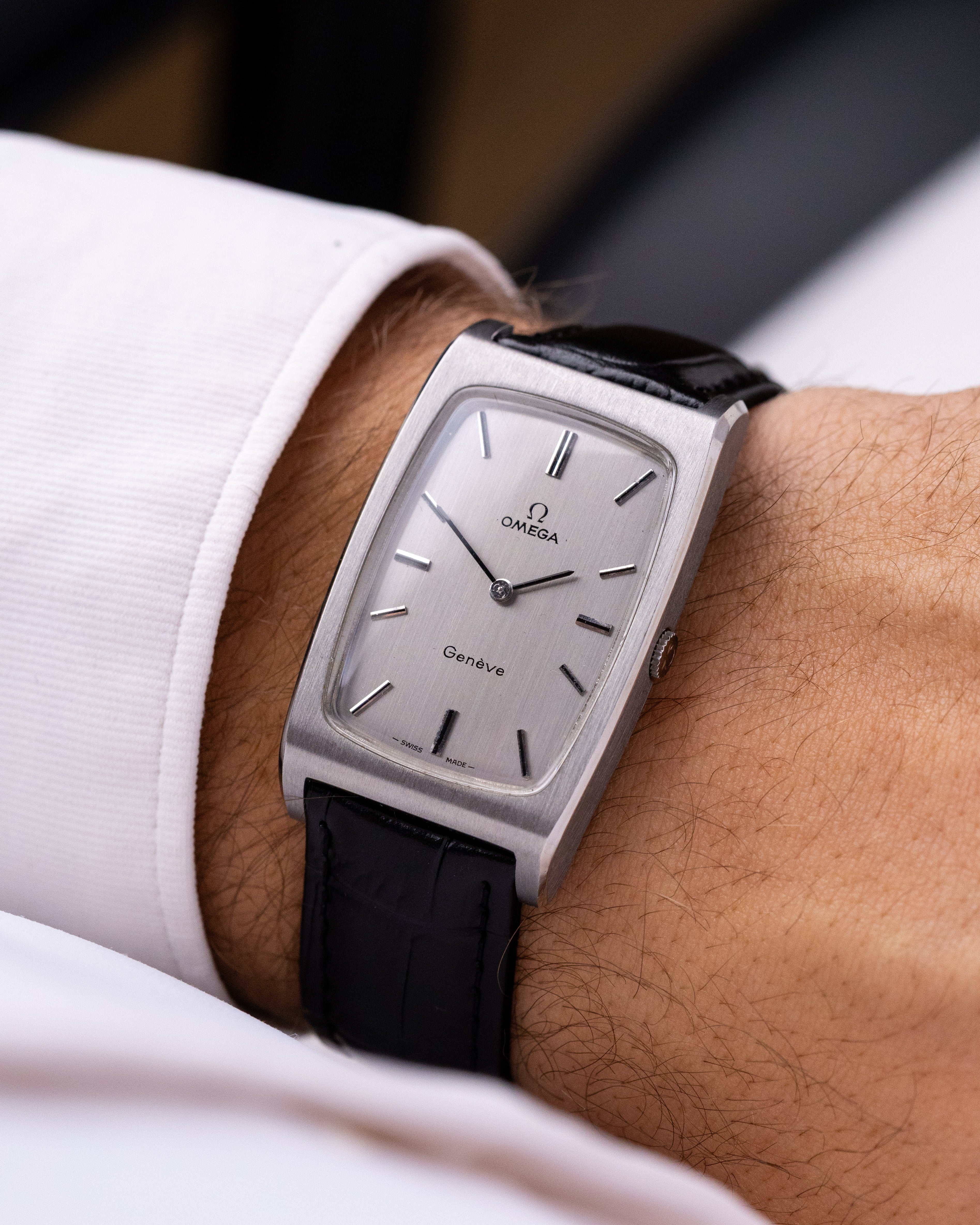 Vintage Omega Genève Oversized Tonneau Tank, Silver Dial, Ref. 111.0110 from 1971 - DuMarko