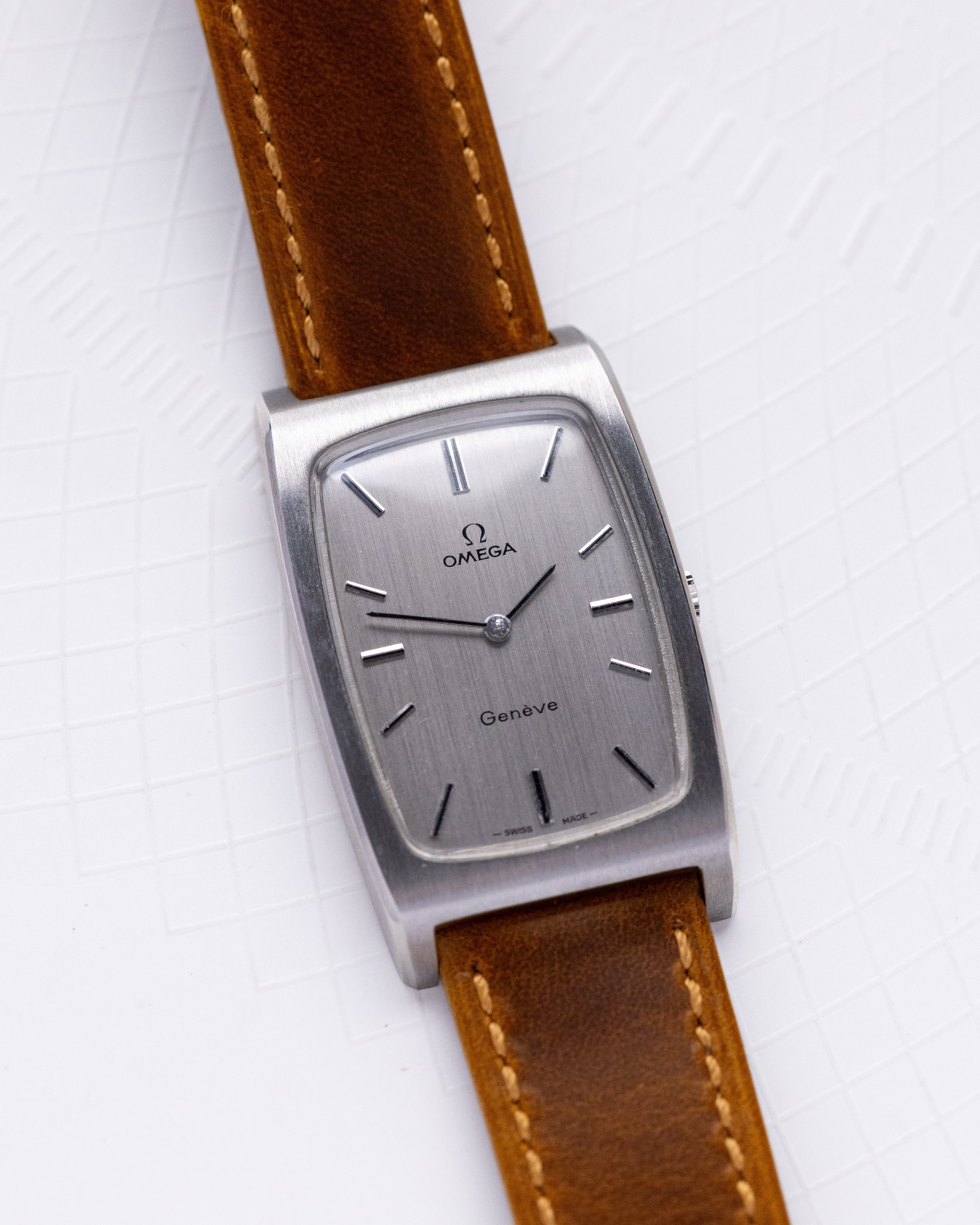 Vintage Omega Genève Oversized Tonneau Tank, Silver Dial, Ref. 111.0110 from 1971 - DuMarko