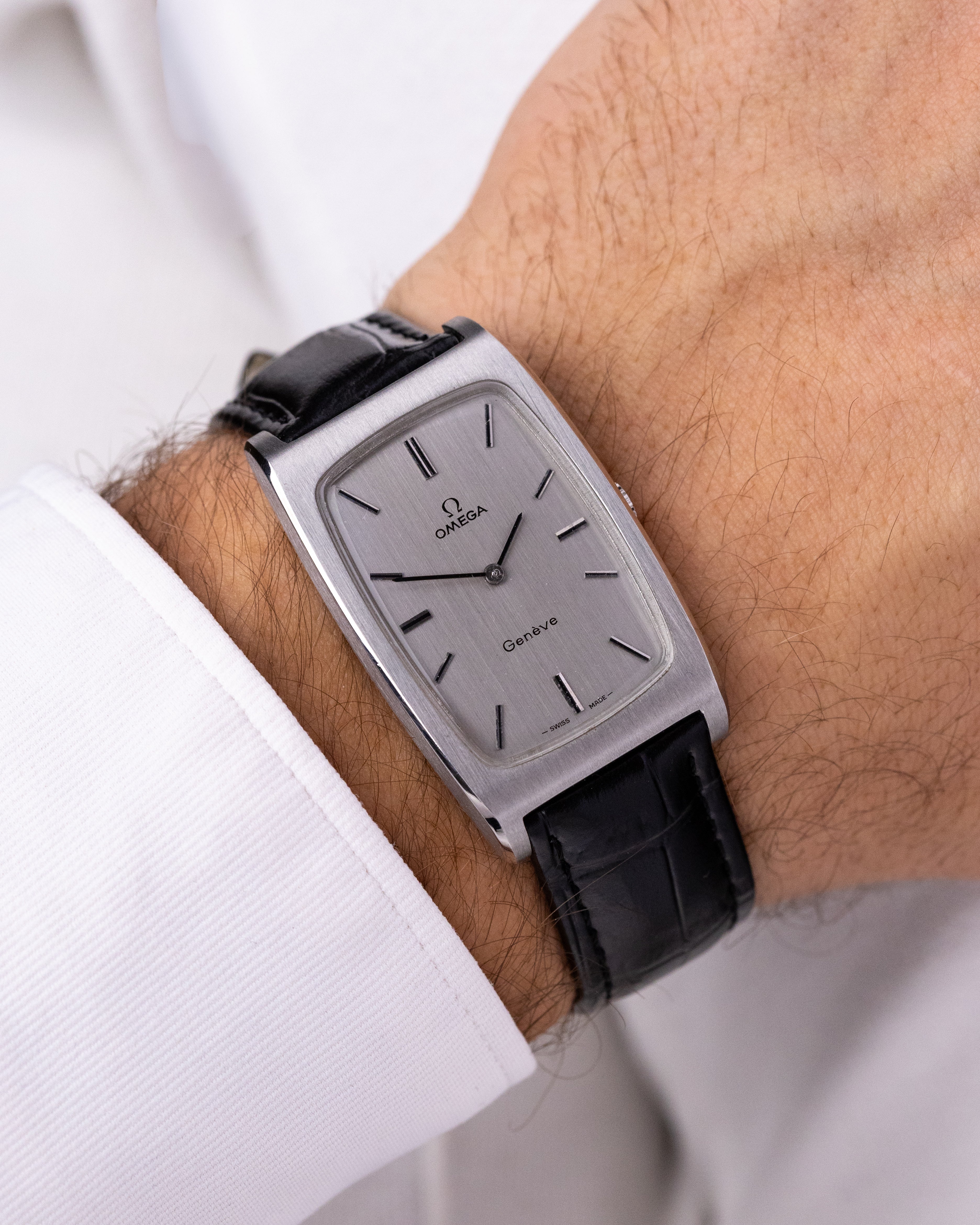 Vintage Omega Genève Oversized Tonneau Tank, Silver Dial, Ref. 111.0110 from 1971 - DuMarko