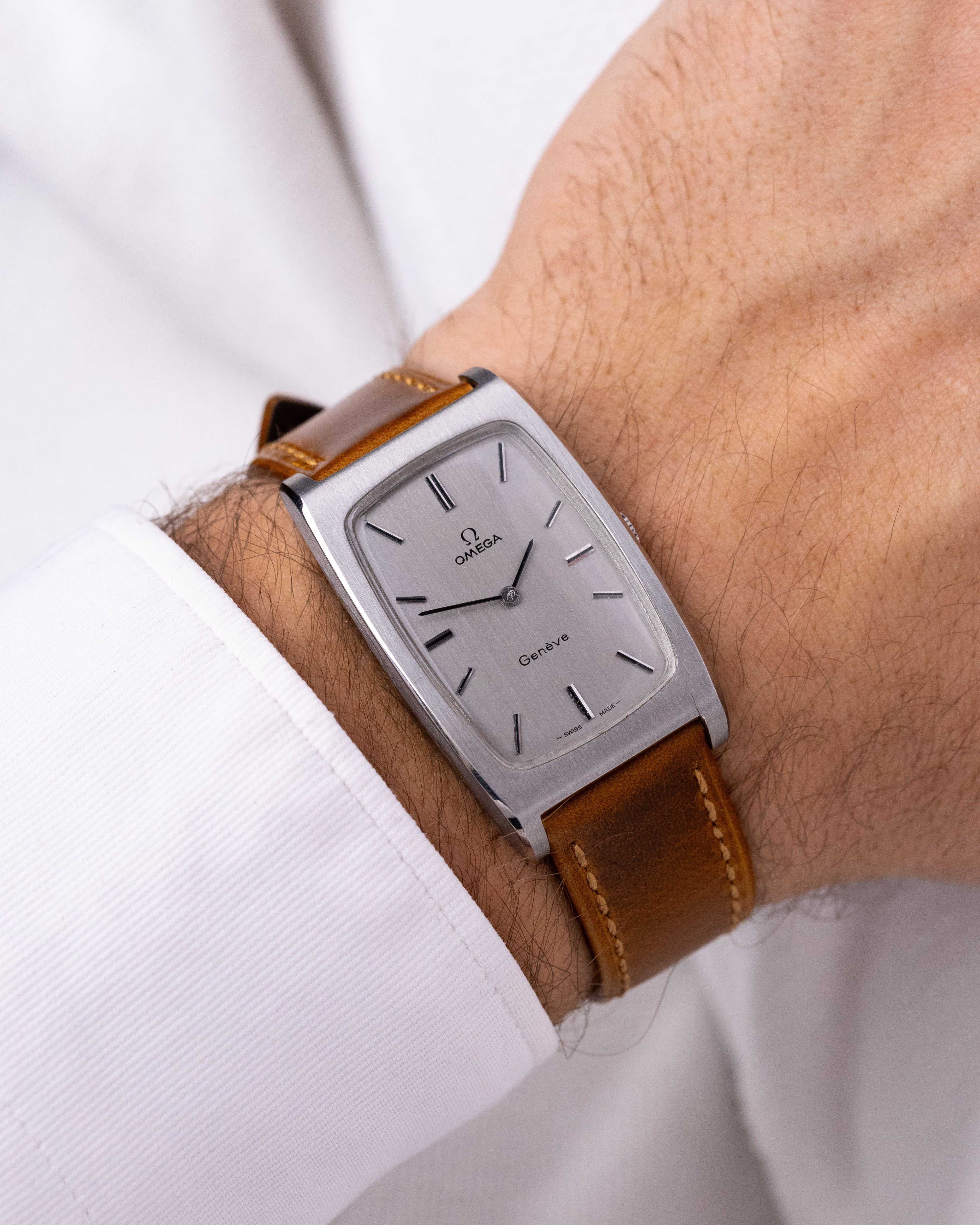 Vintage Omega Genève Oversized Tonneau Tank, Silver Dial, Ref. 111.0110 from 1971 - DuMarko