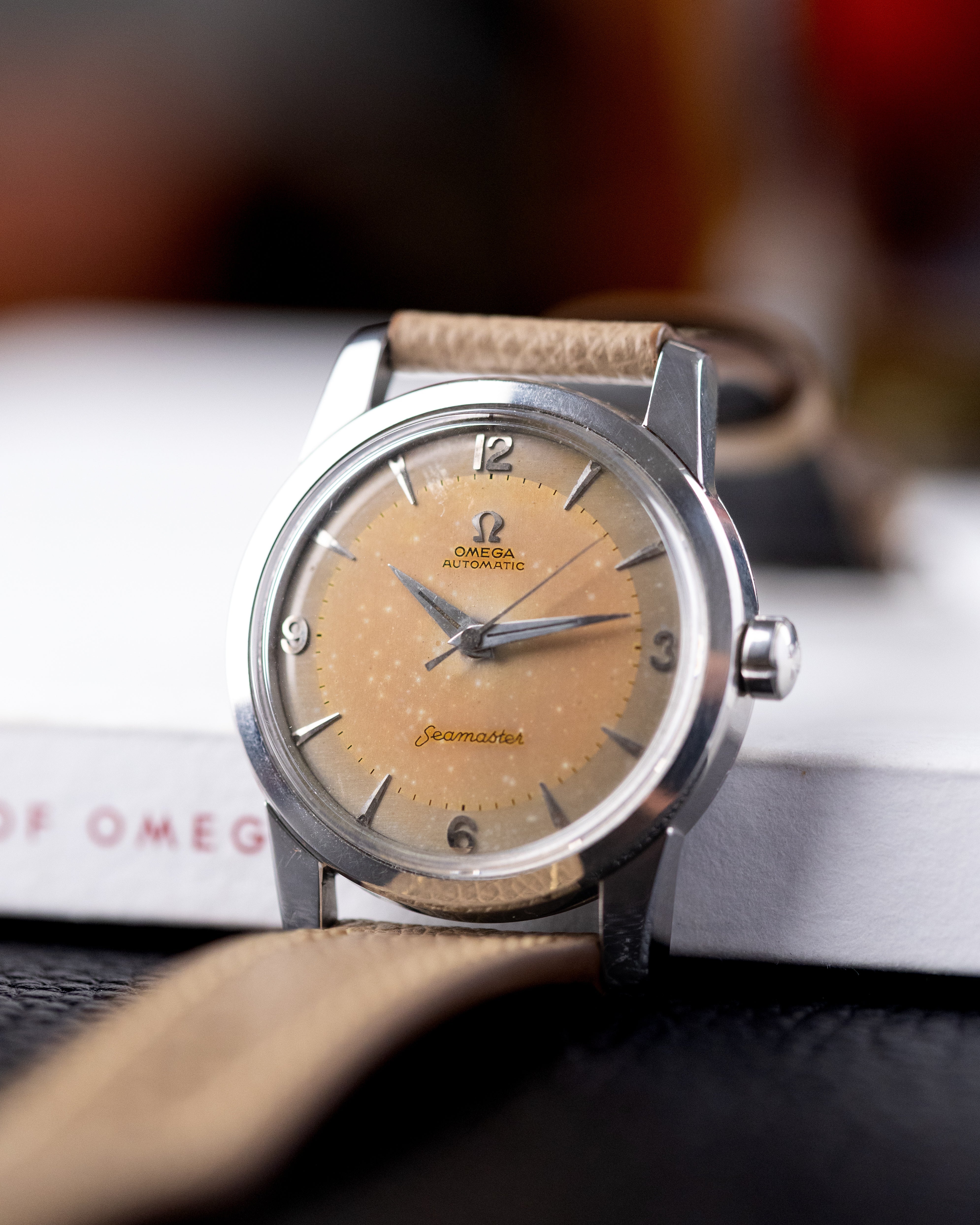 Vintage Omega Seamaster “Fat Lugs” Swiss Watch, Cal. 501, Two - Tone Salmon Patina Dial from 1956 - DuMarko