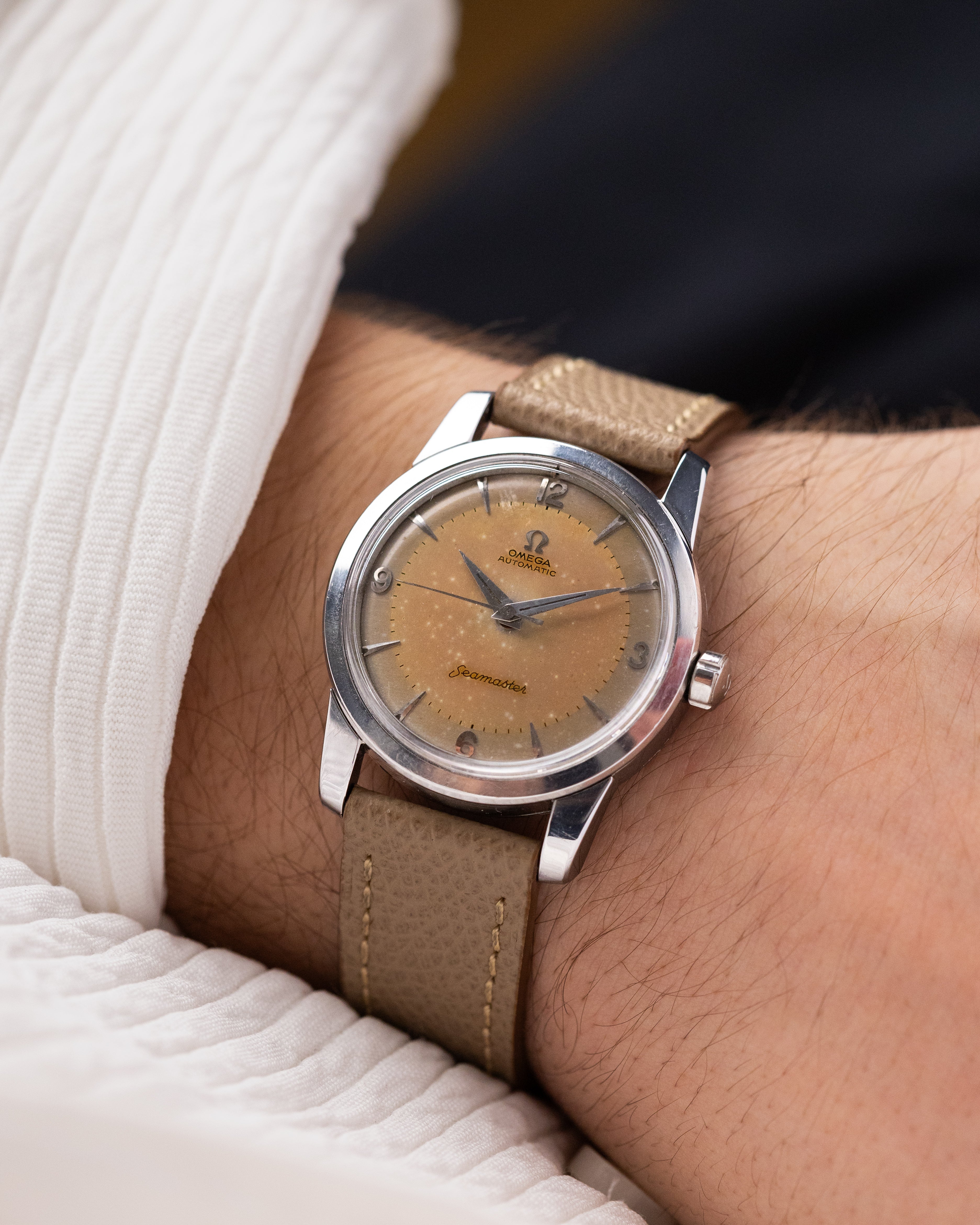 Vintage Omega Seamaster “Fat Lugs” Swiss Watch, Cal. 501, Two - Tone Salmon Patina Dial from 1956 - DuMarko