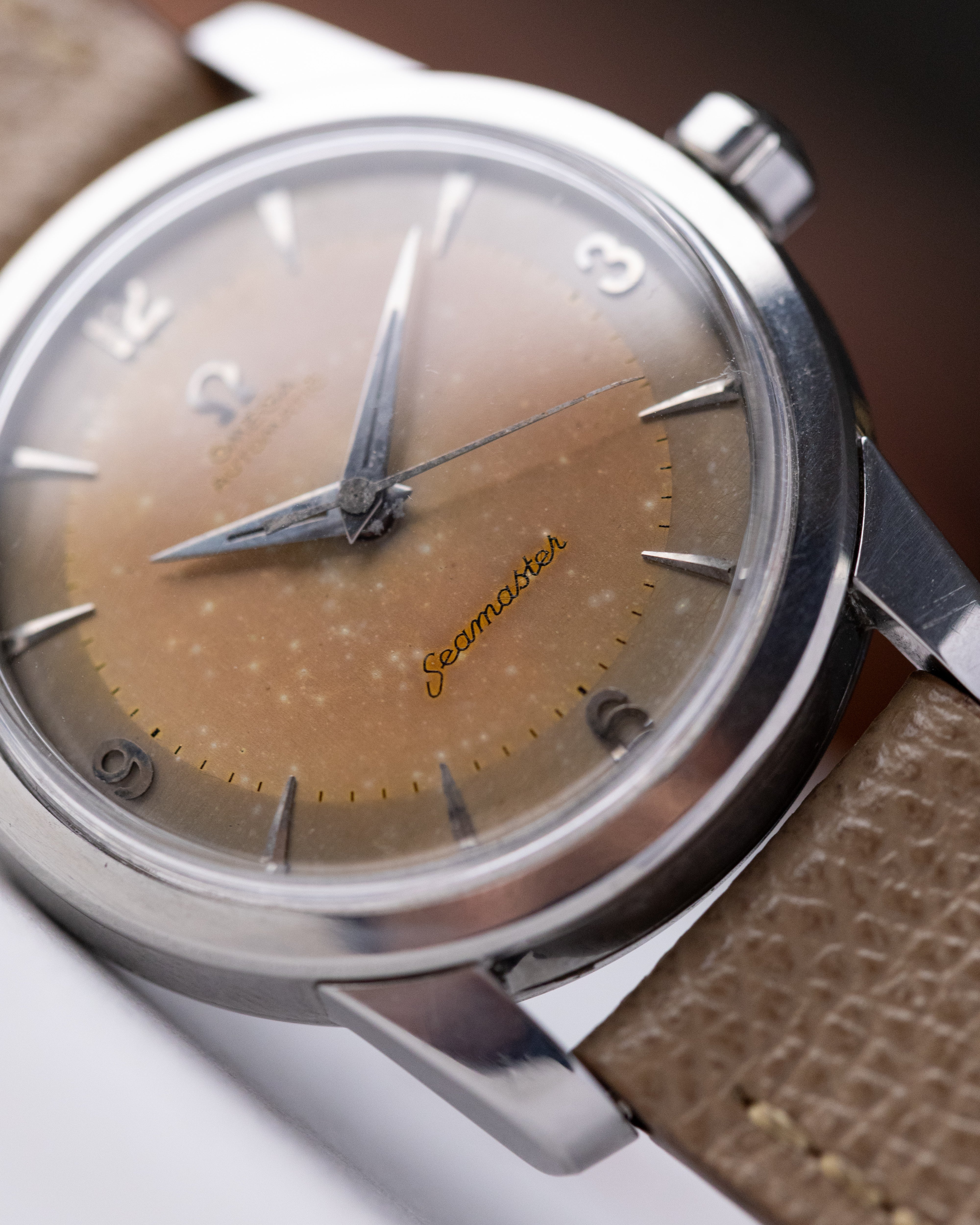 Vintage Omega Seamaster “Fat Lugs” Swiss Watch, Cal. 501, Two - Tone Salmon Patina Dial from 1956 - DuMarko