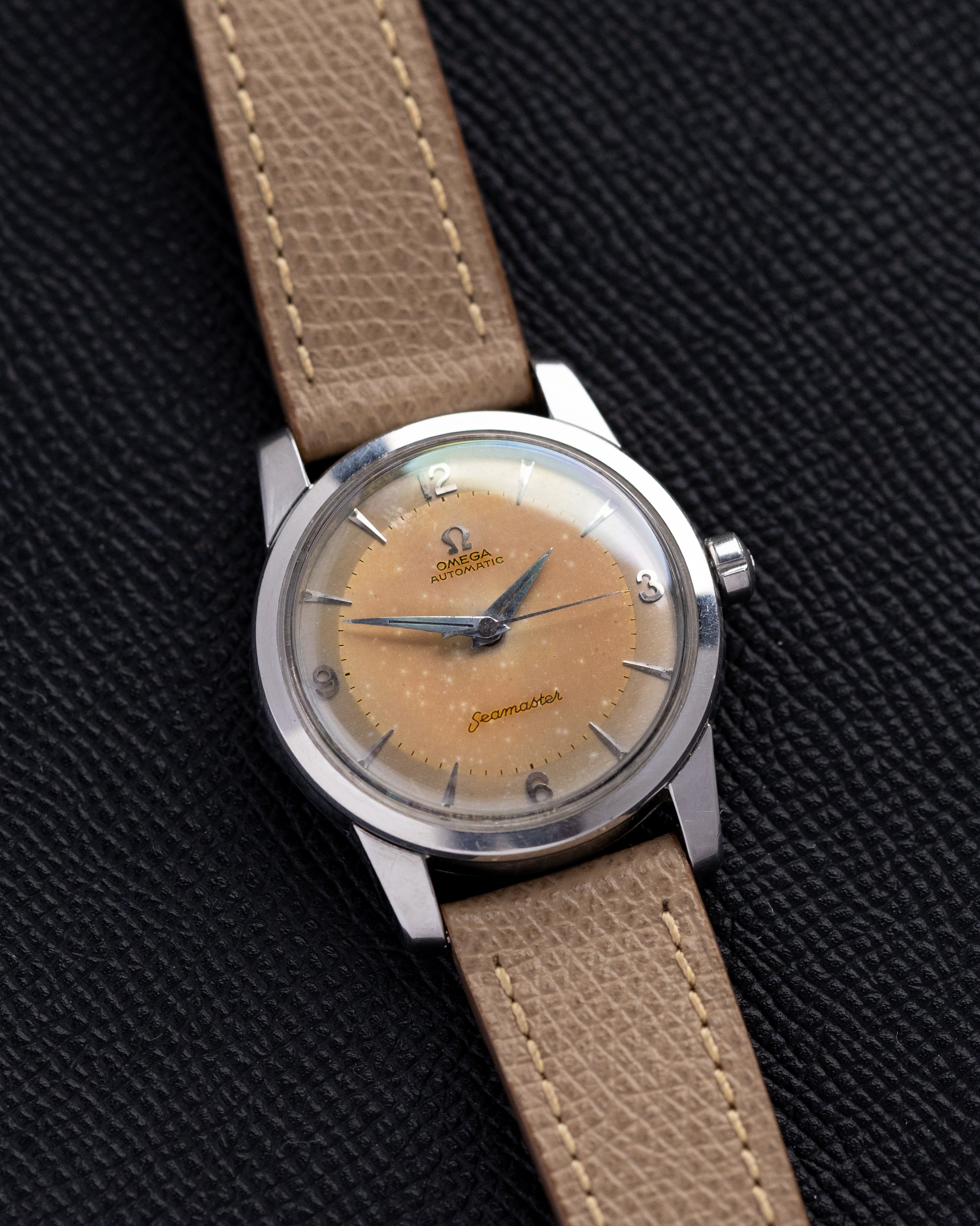 Vintage Omega Seamaster “Fat Lugs” Swiss Watch, Cal. 501, Two - Tone Salmon Patina Dial from 1956 - DuMarko