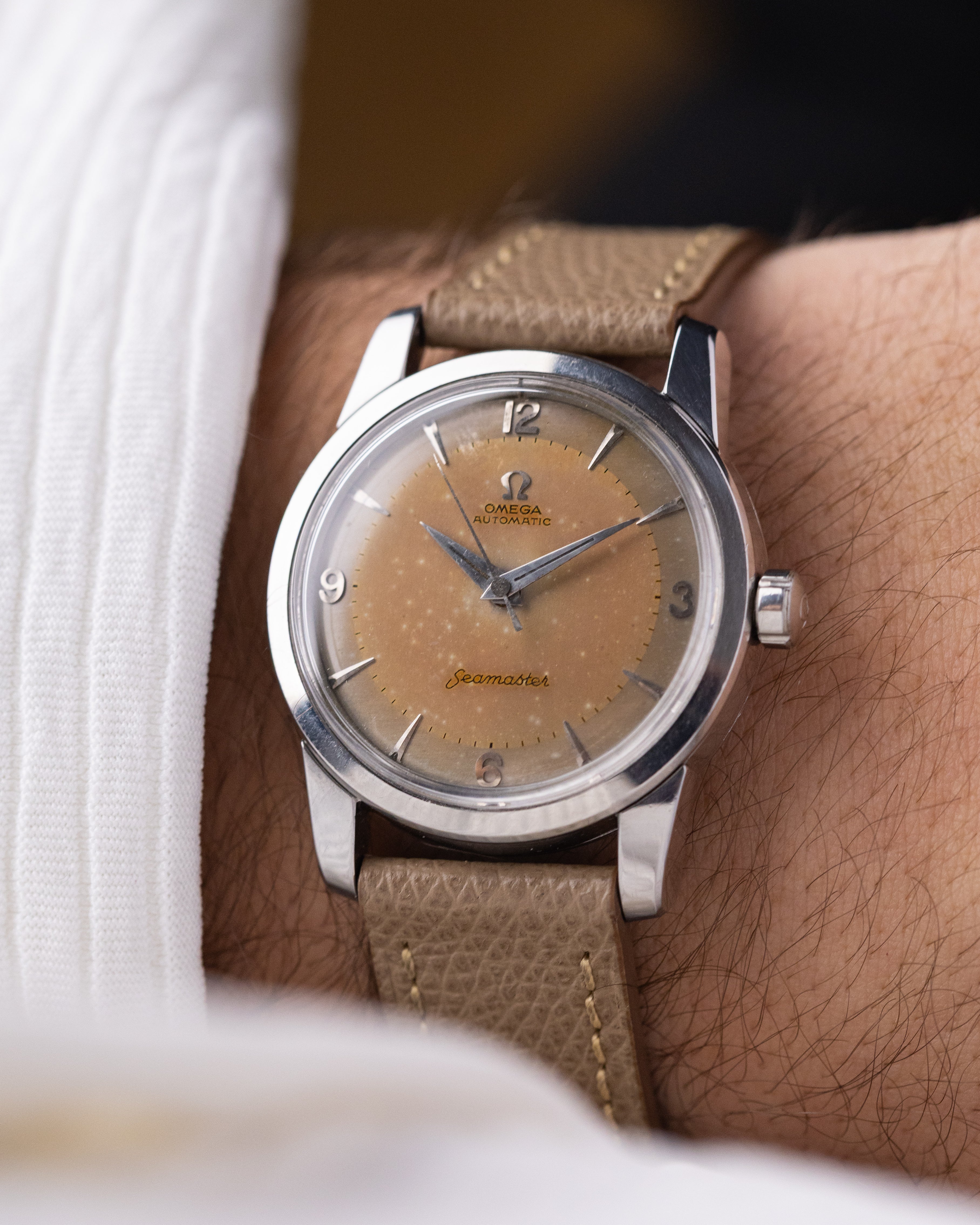 Vintage Omega Seamaster “Fat Lugs” Swiss Watch, Cal. 501, Two - Tone Salmon Patina Dial from 1956 - DuMarko