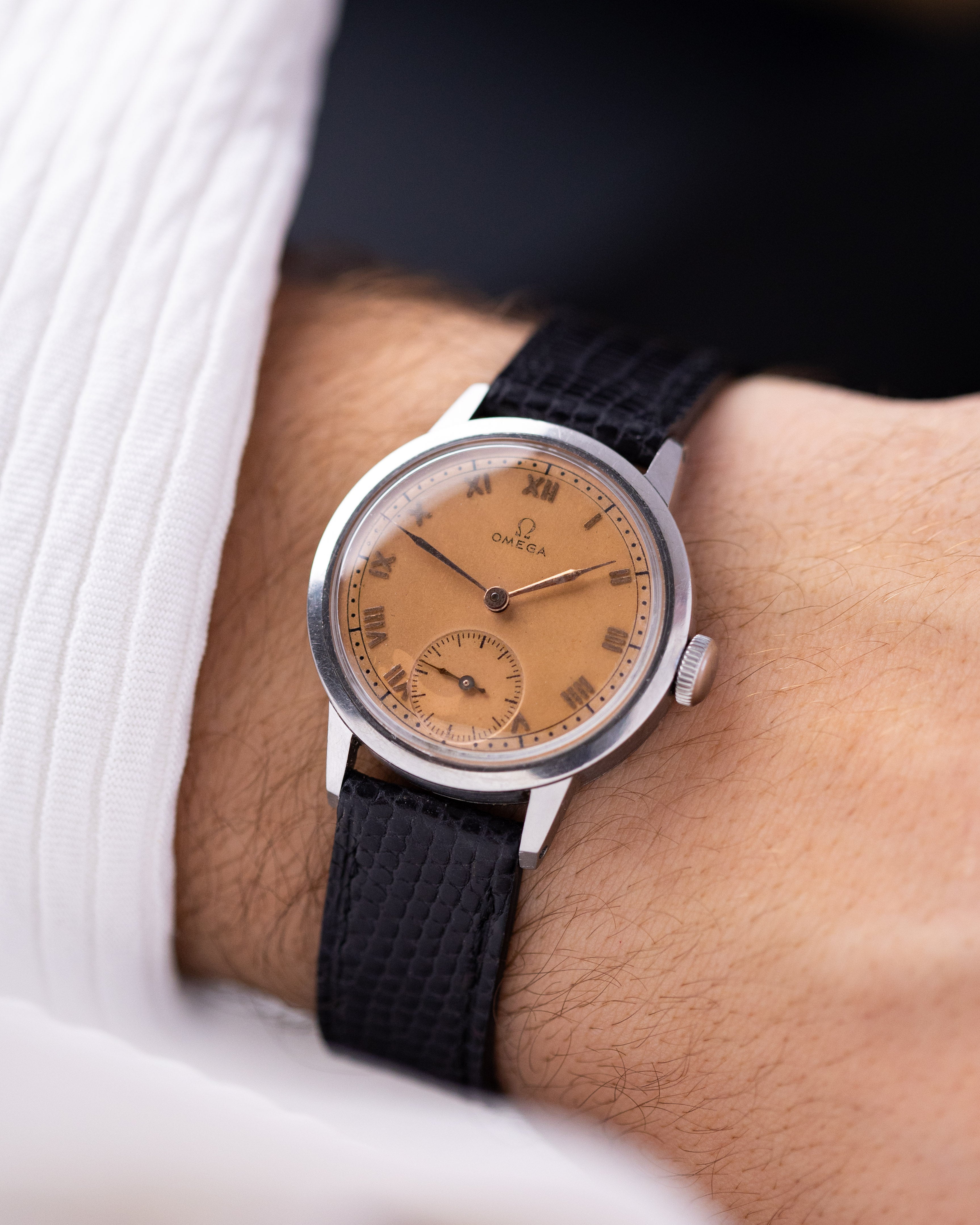 Vintage Omega Swiss Watch, Rare Tropical Salmon Dial, Cal. 26.5 SOB T2, Roman Numerals, Sub - Seconds from 1939 - DuMarko