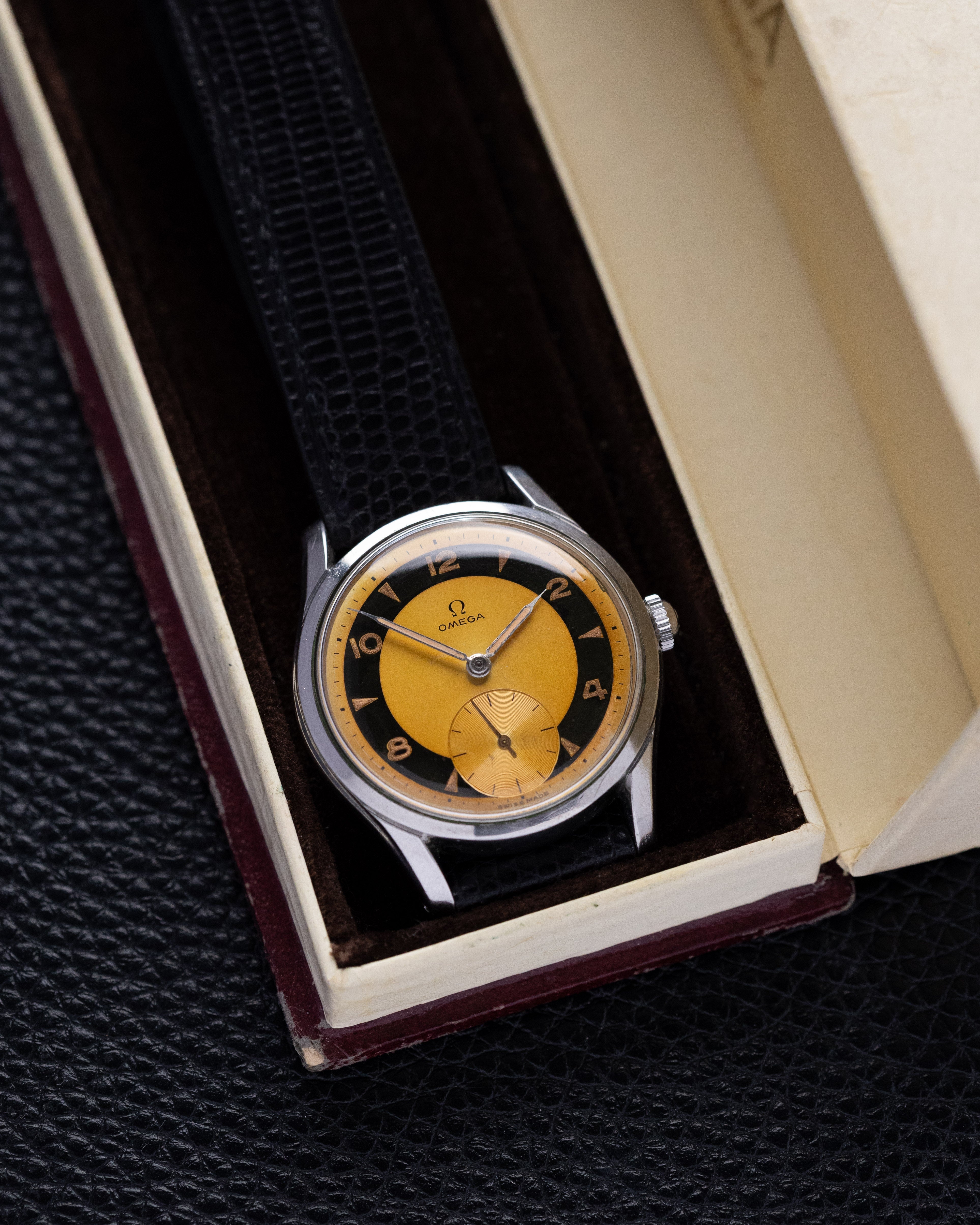 Vintage Omega Swiss Watch, Ref. 2639 - 13, Bullseye/Tuxedo Tropical Patina Dial, Cal. 266 from 1953 - DuMarko
