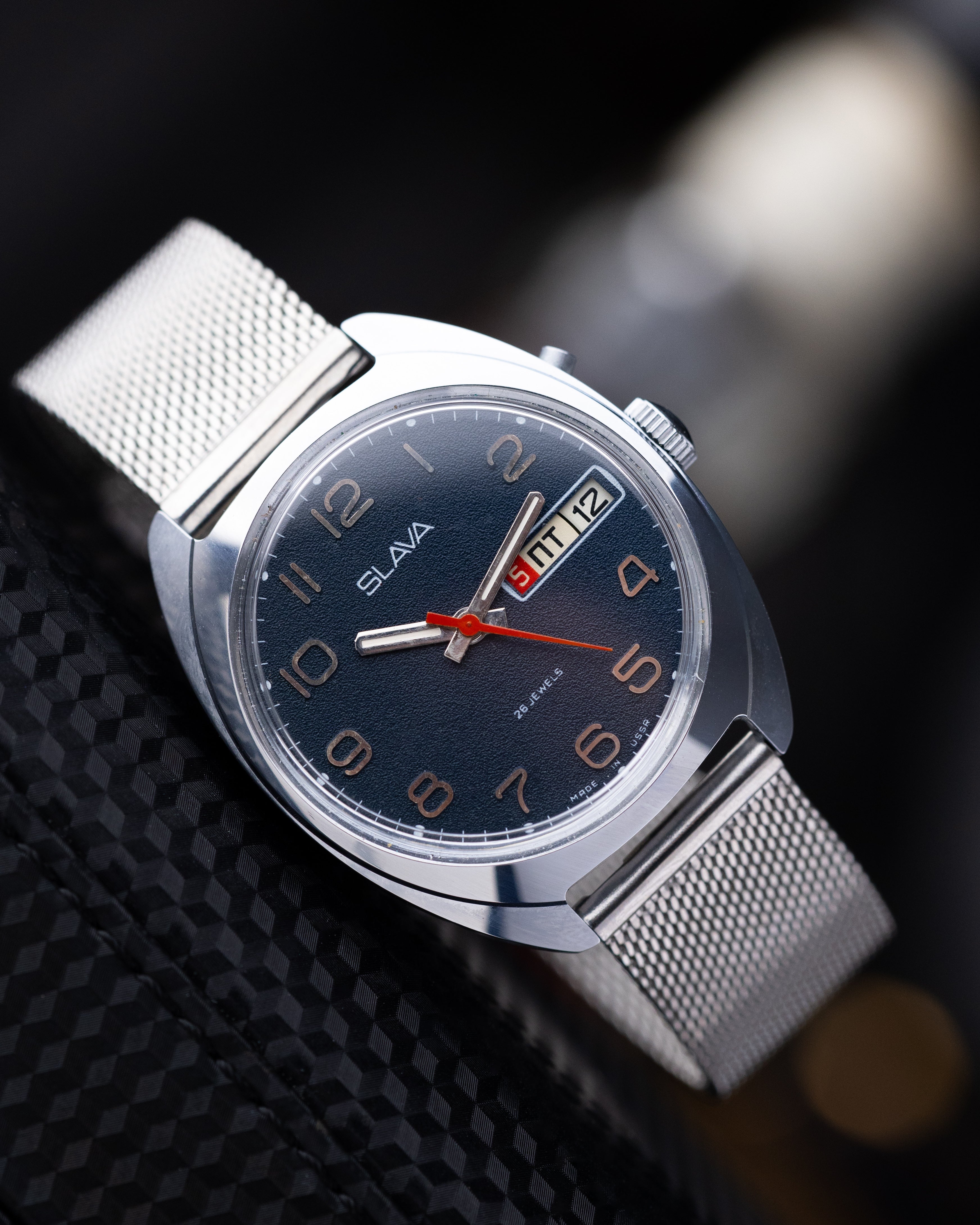 Vintage Slava Soviet Watch, Mechanical Cal. 2428 Blue Dial Day/Date from 1980s - DuMarko