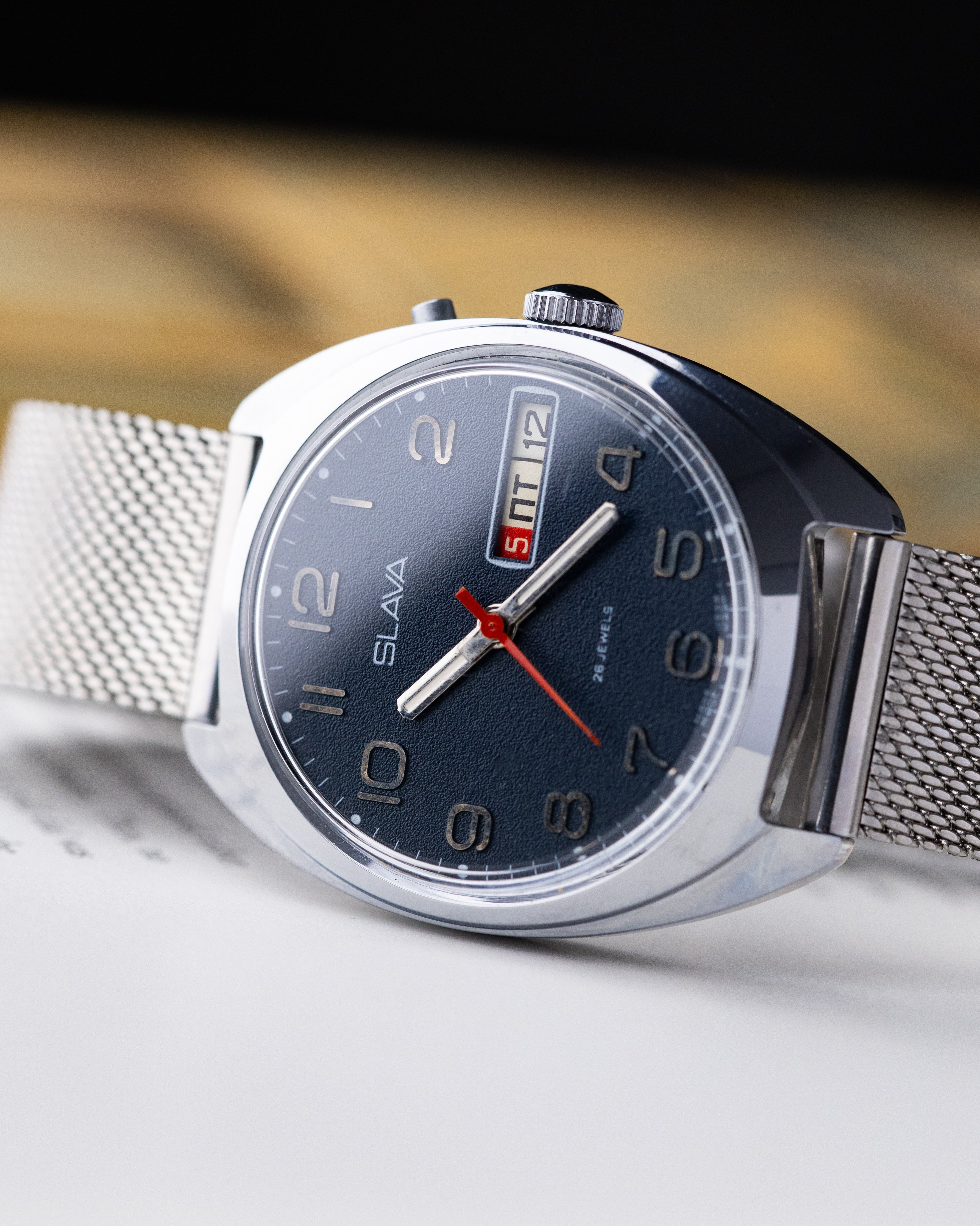 Vintage Slava Soviet Watch, Mechanical Cal. 2428 Blue Dial Day/Date from 1980s - DuMarko