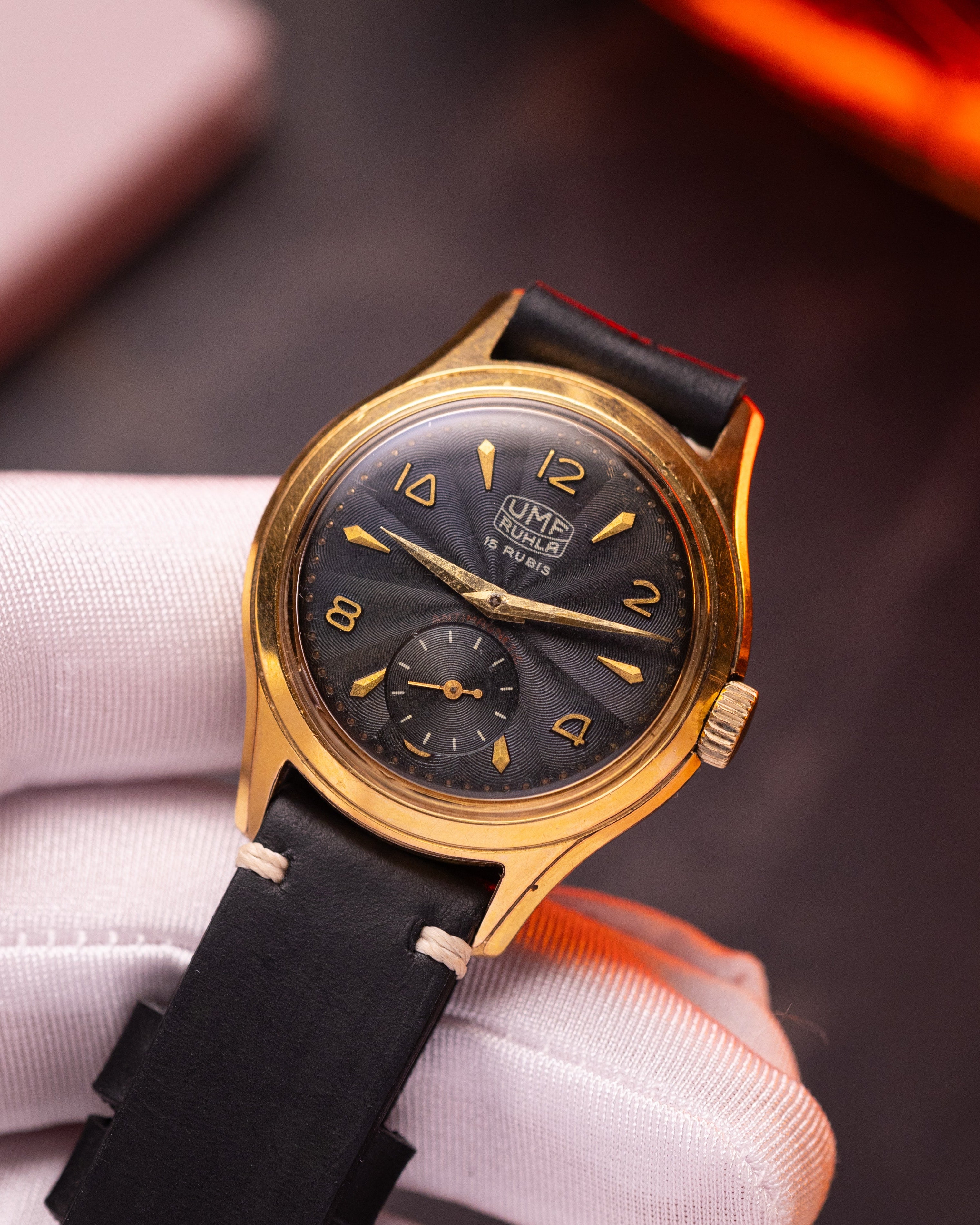 Vintage UMF Ruhla German Watch, Black guilloche dial from 1950's - VintageDuMarko