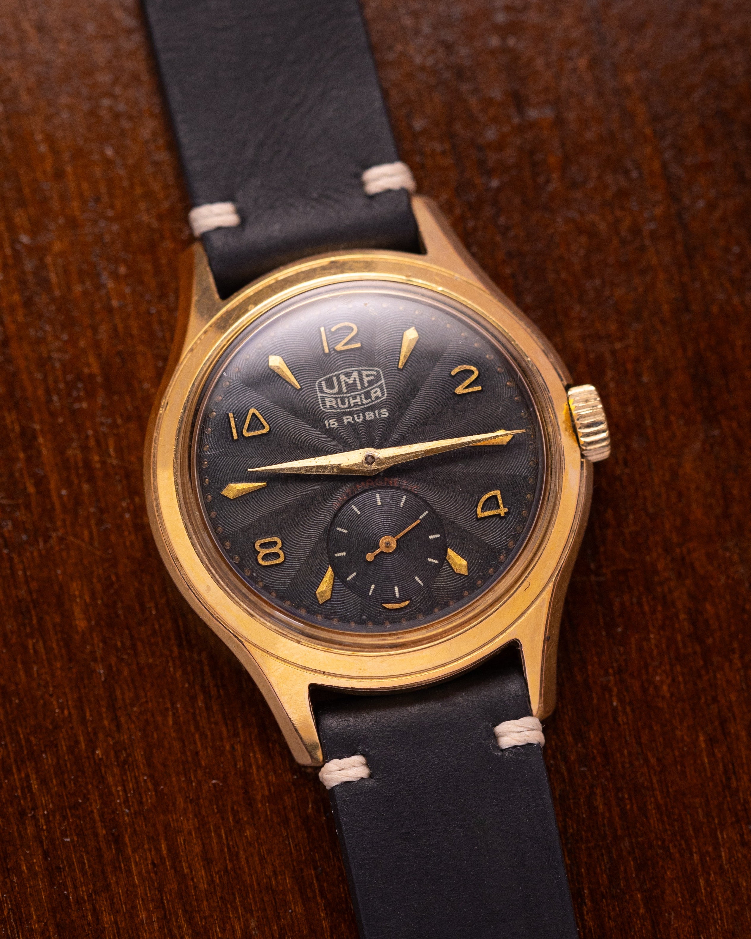 Vintage UMF Ruhla German Watch, Black guilloche dial from 1950's - VintageDuMarko