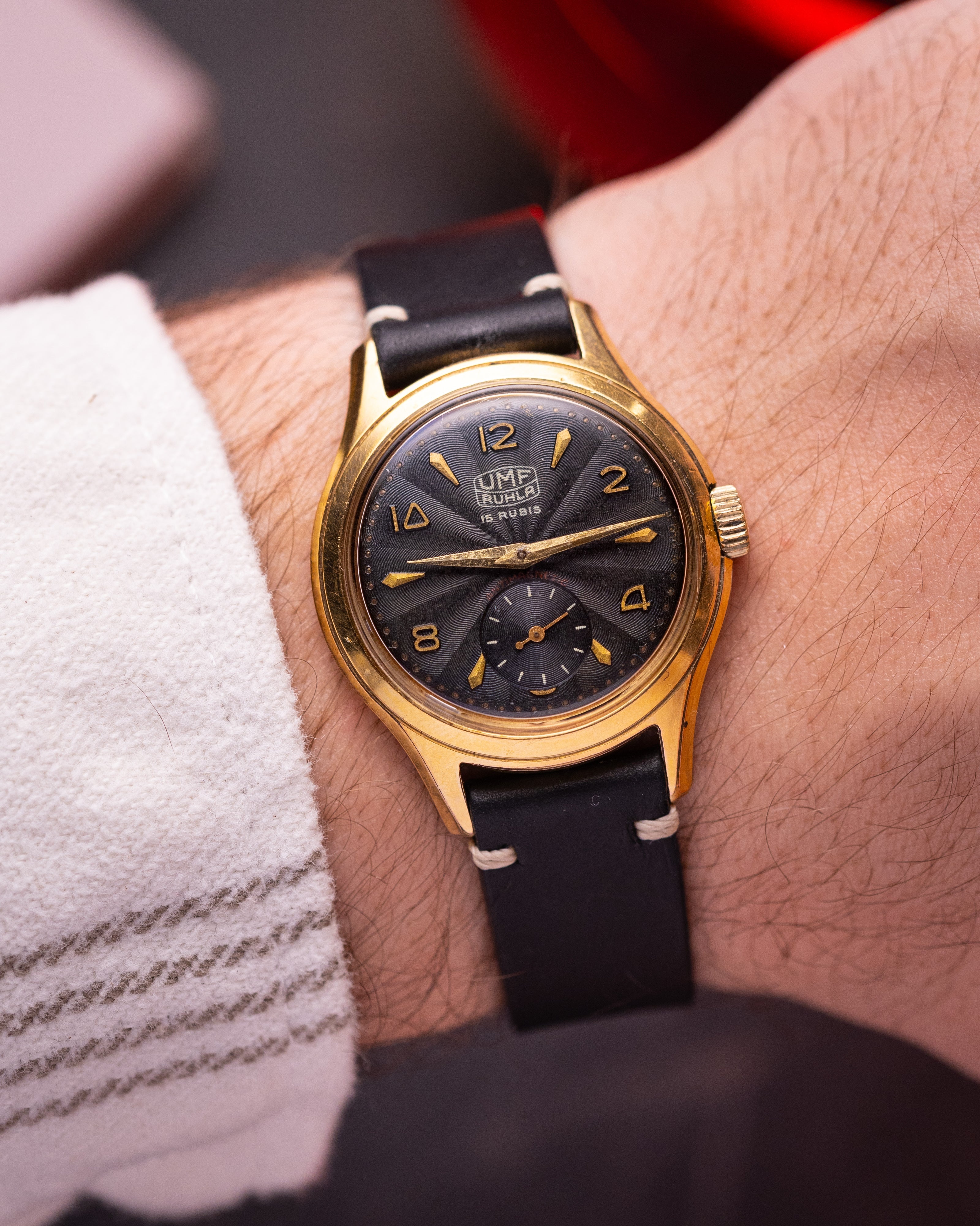 Vintage UMF Ruhla German Watch, Black guilloche dial from 1950's - VintageDuMarko