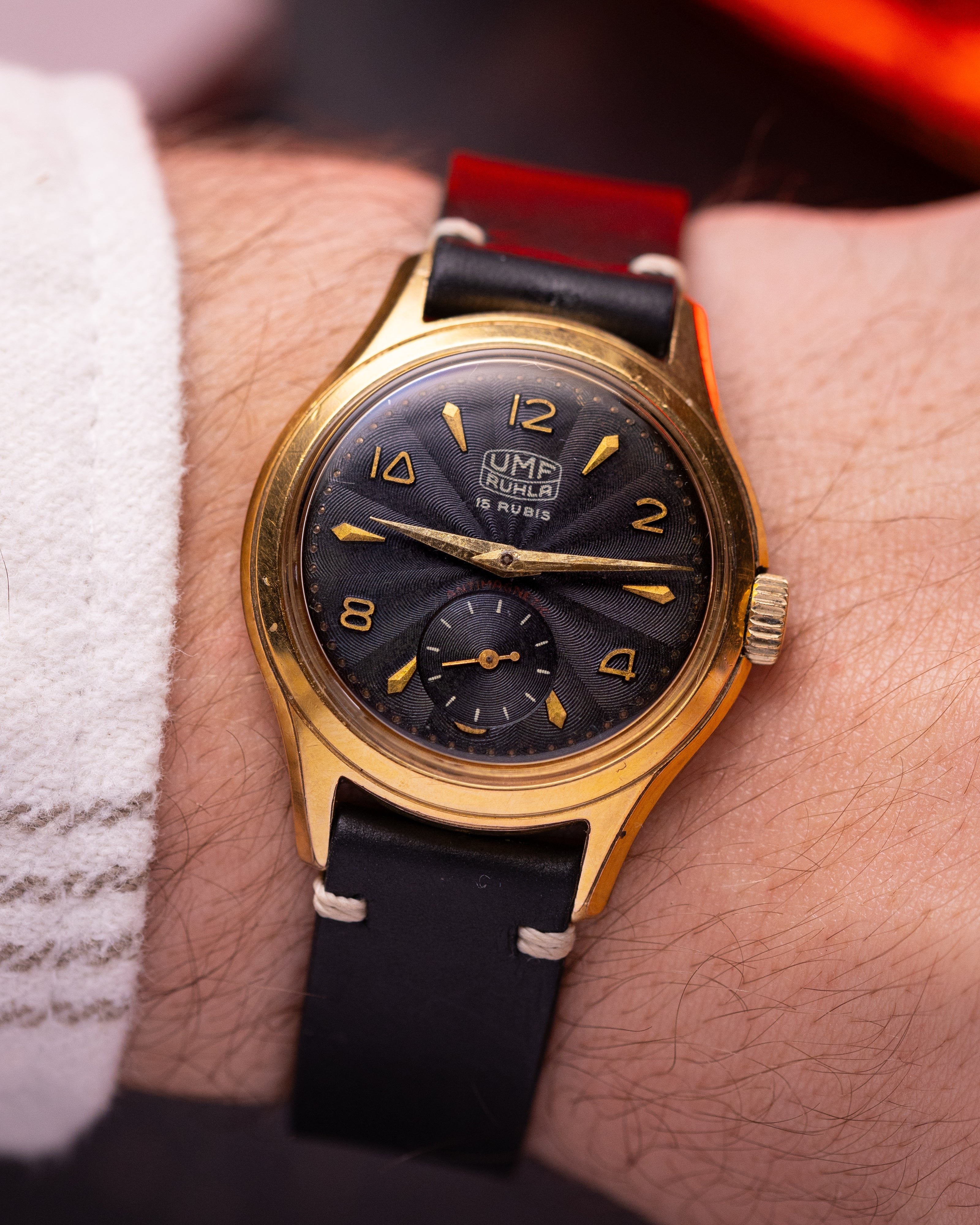 Vintage UMF Ruhla German Watch, Black guilloche dial from 1950's - VintageDuMarko