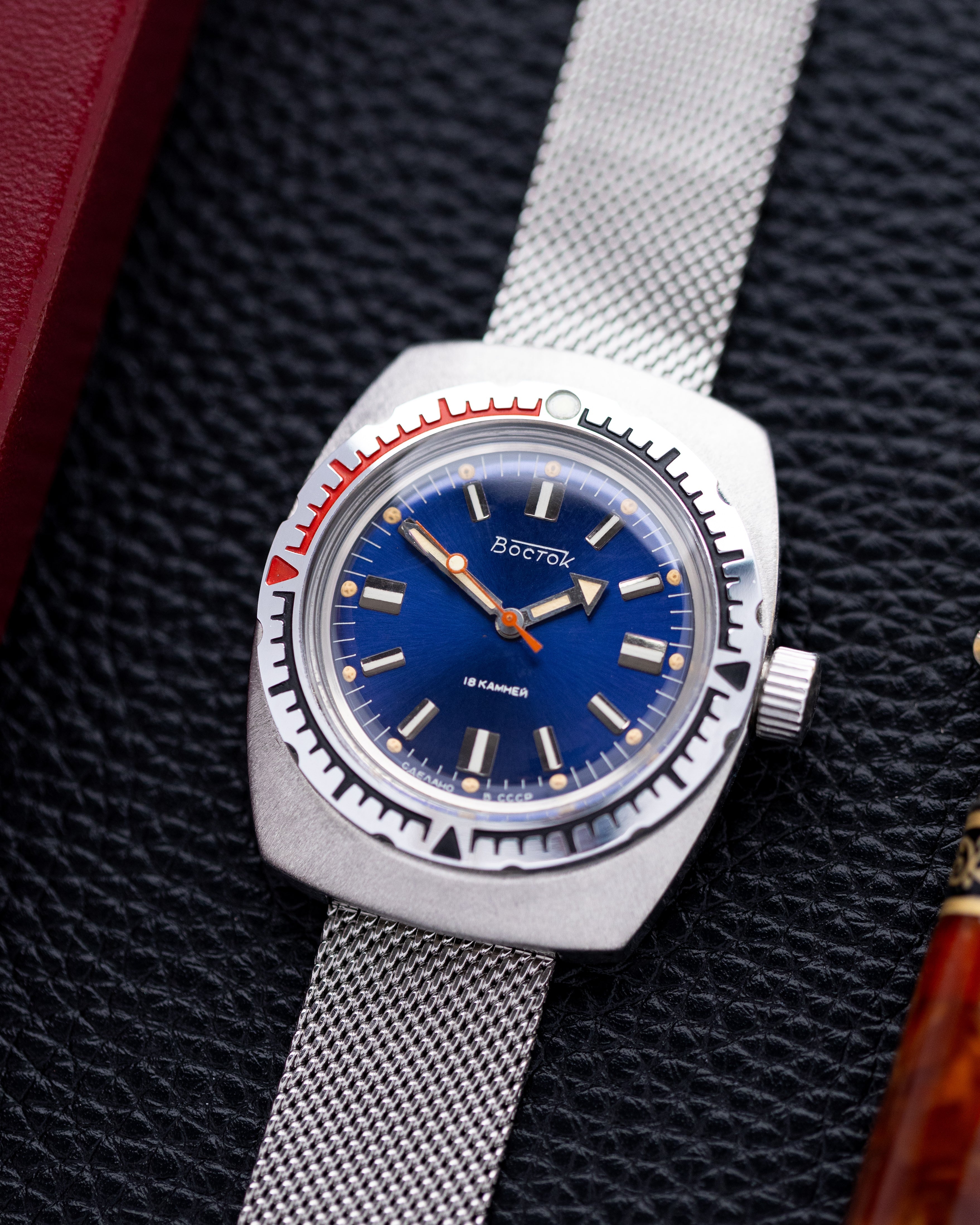 Vintage Vostok Amphibia Soviet Watch, Blue Dial, Barrel Shaped Case - DuMarko