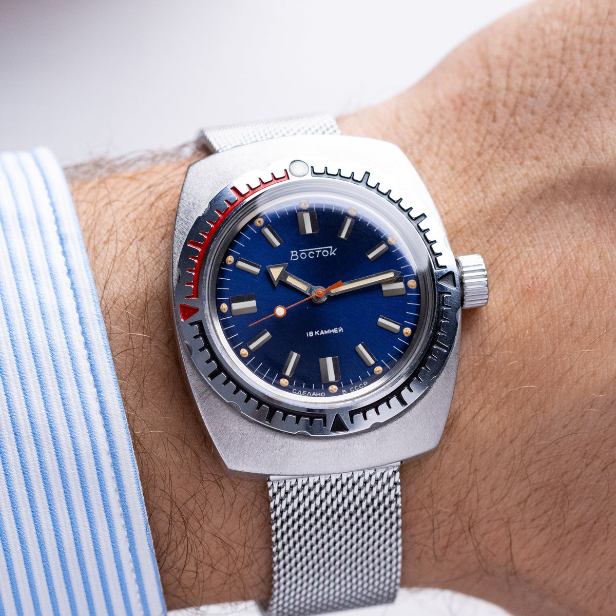 Vintage Vostok Amphibia Soviet Watch, Blue Dial, Barrel Shaped