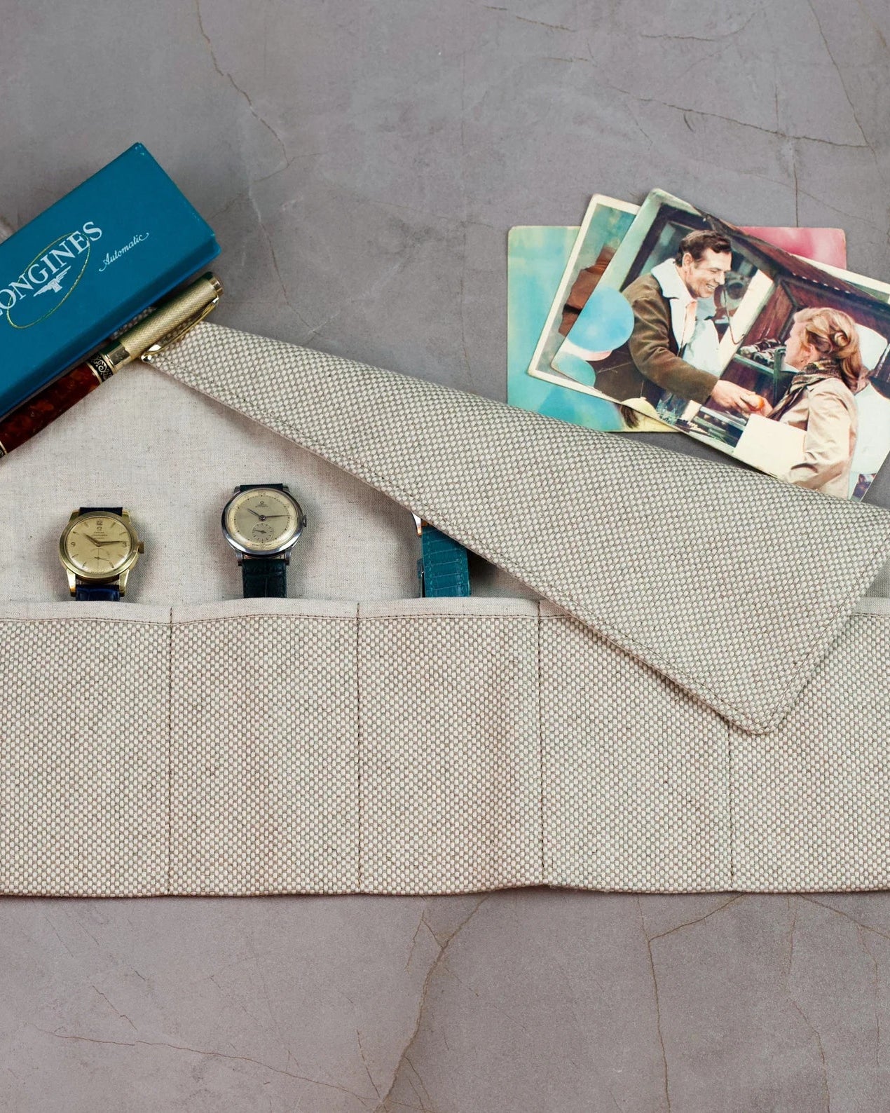 Beige Cotton Handmade Best Watch Roll Case for 5 Watches with Closing Strap - VintageDuMarko