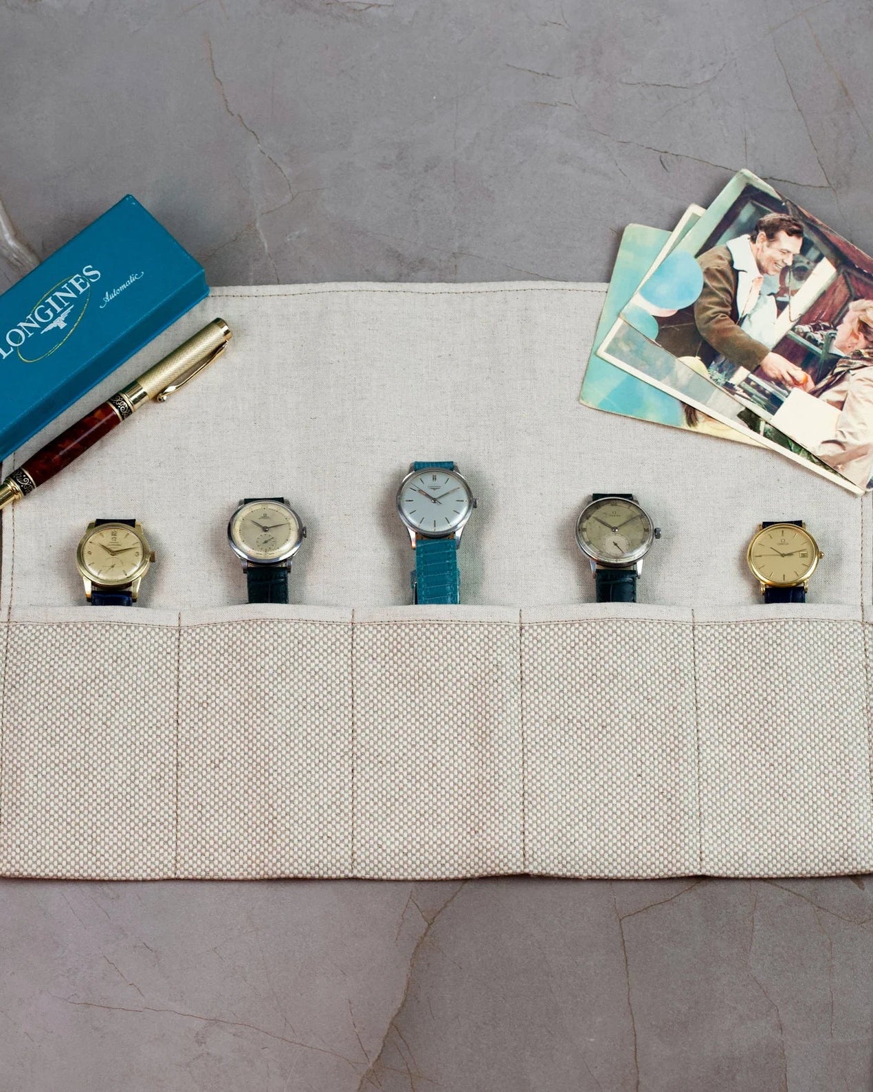 Beige Cotton Handmade Best Watch Roll Case for 5 Watches with Closing Strap - VintageDuMarko
