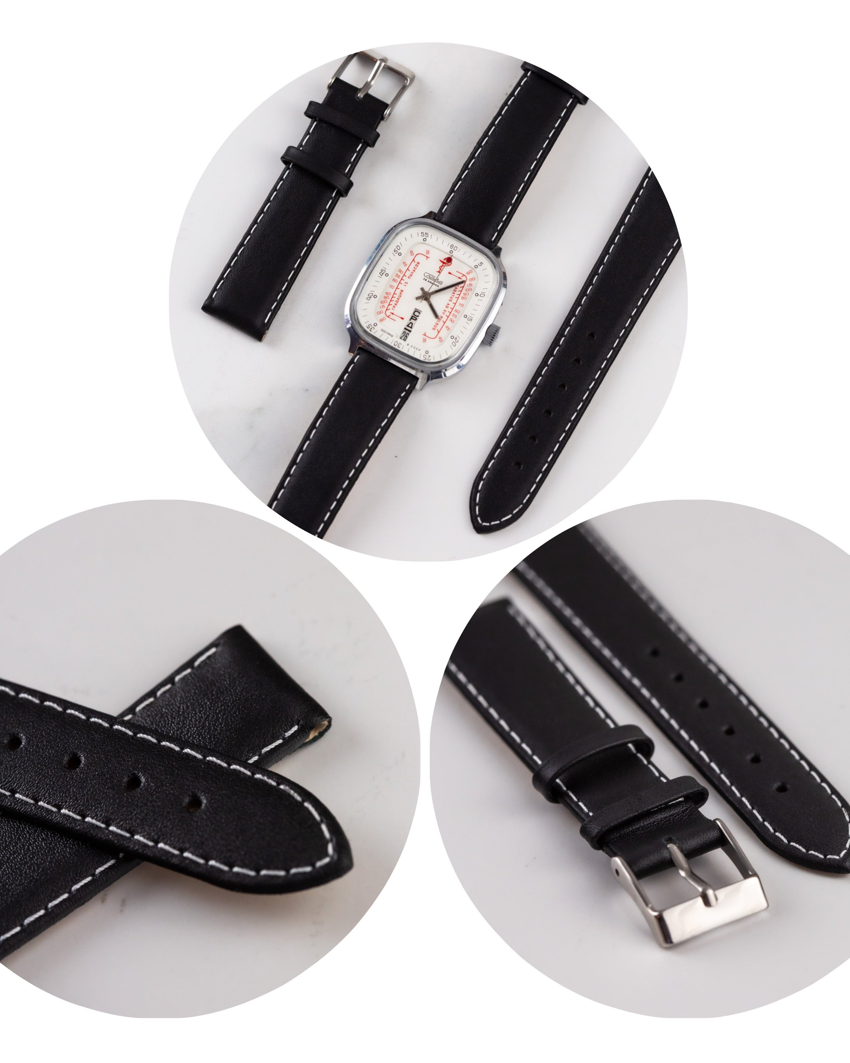 Black Leather White Stitched Watch Strap - VintageDuMarko