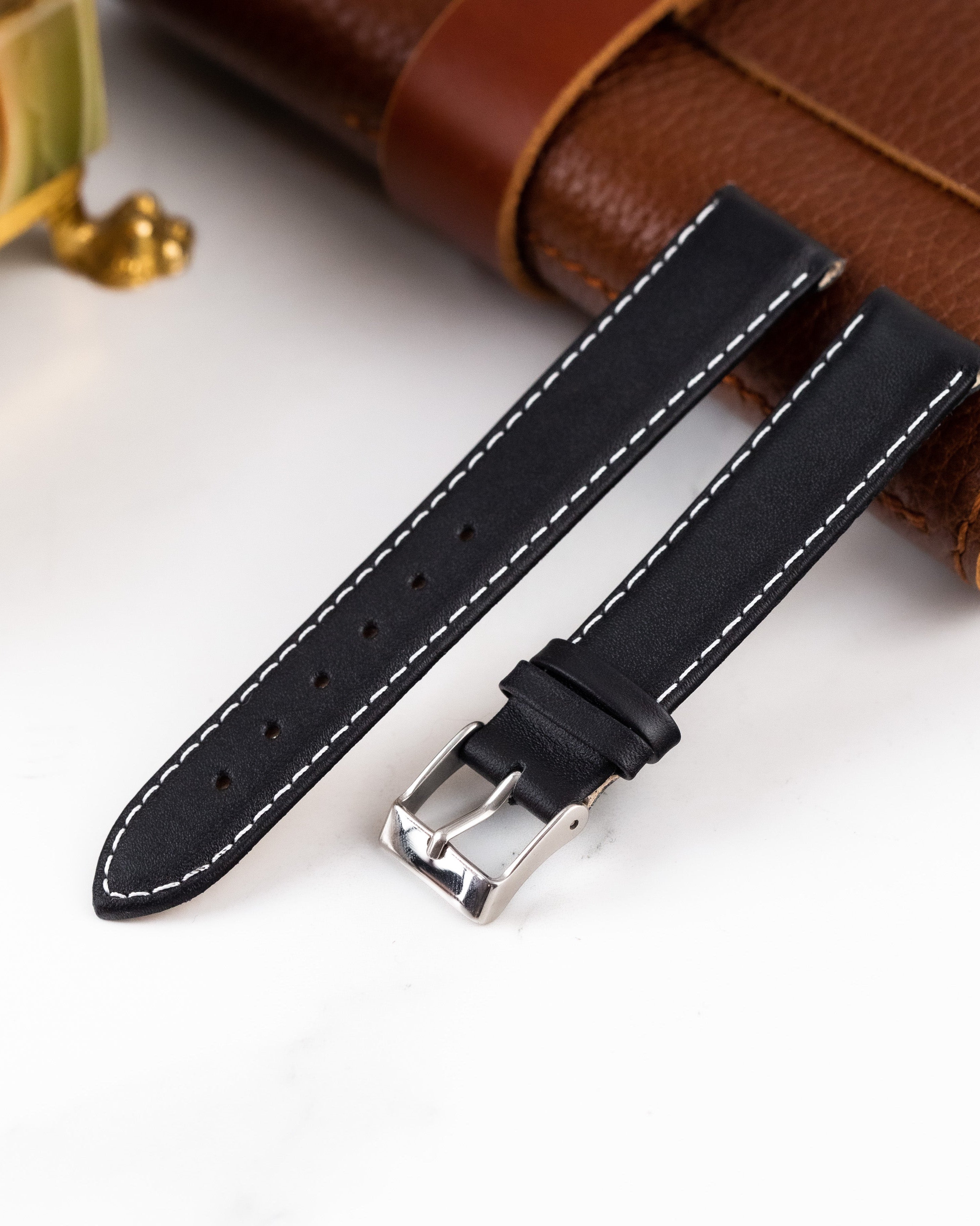 Black Leather White Stitched Watch Strap - VintageDuMarko
