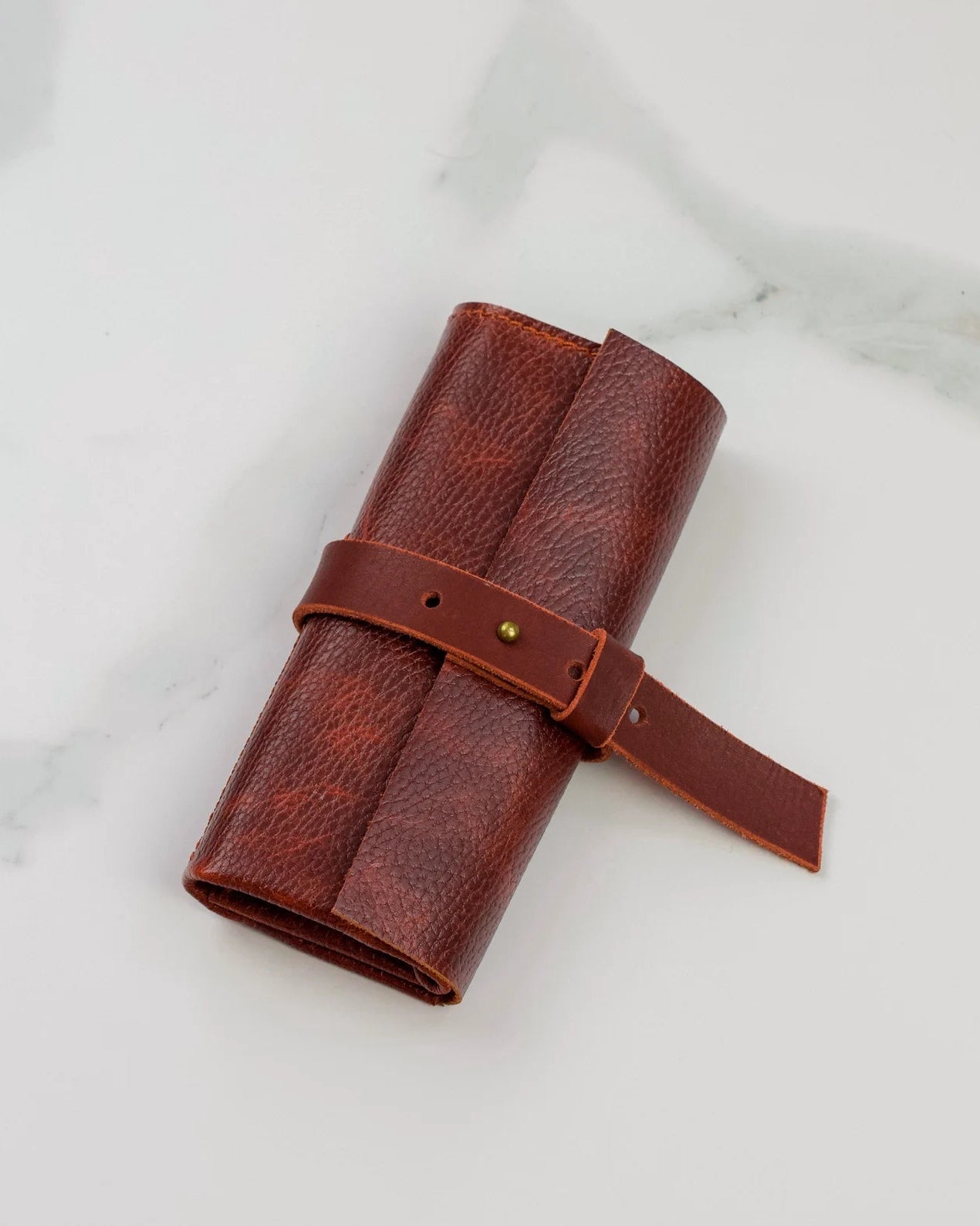 Brown Leather Watch Roll Case for 3 Watches, Handmade Watch Organizer with Closing Strap - VintageDuMarko