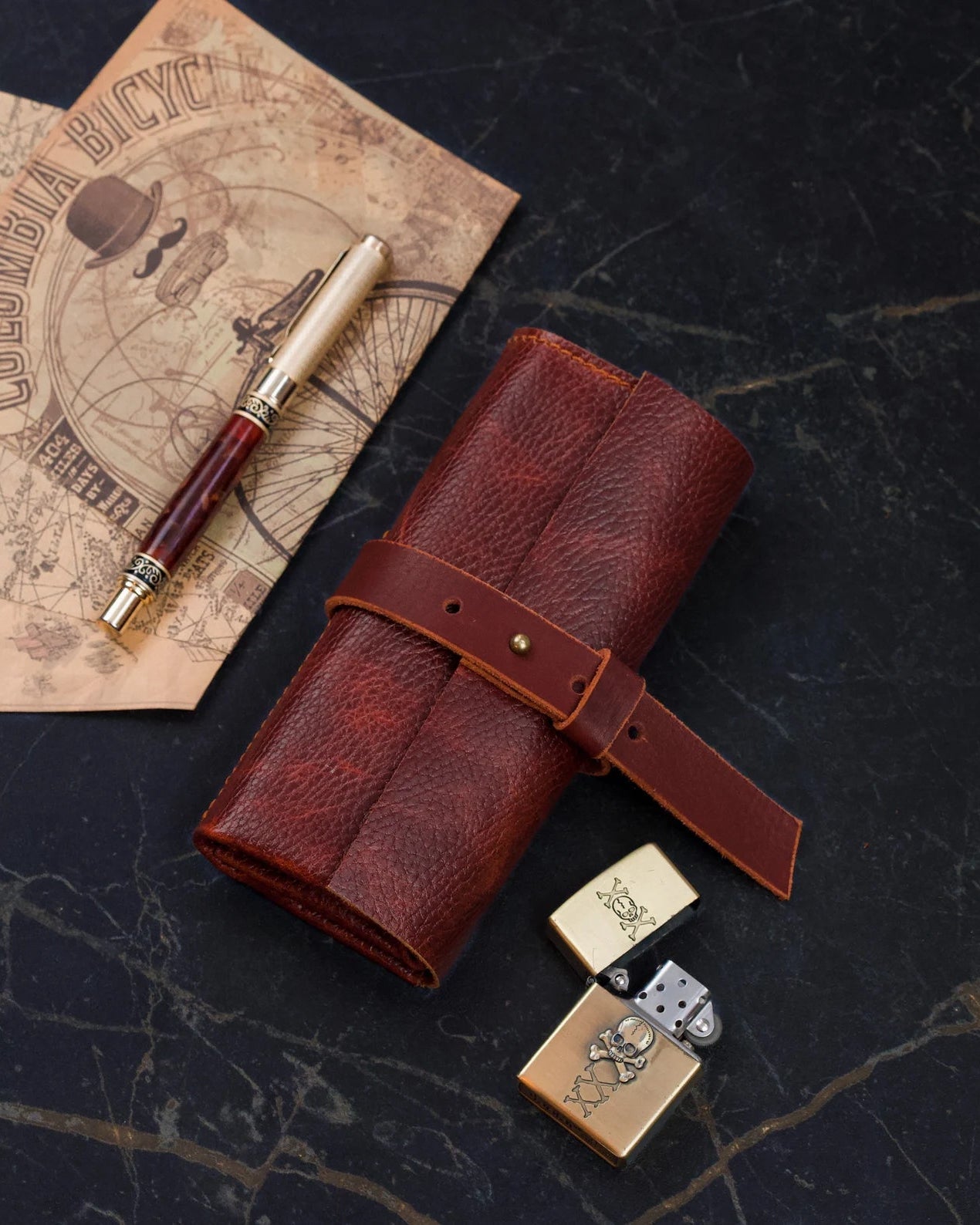Brown Leather Watch Roll Case for 3 Watches, Handmade Watch Organizer with Closing Strap - VintageDuMarko
