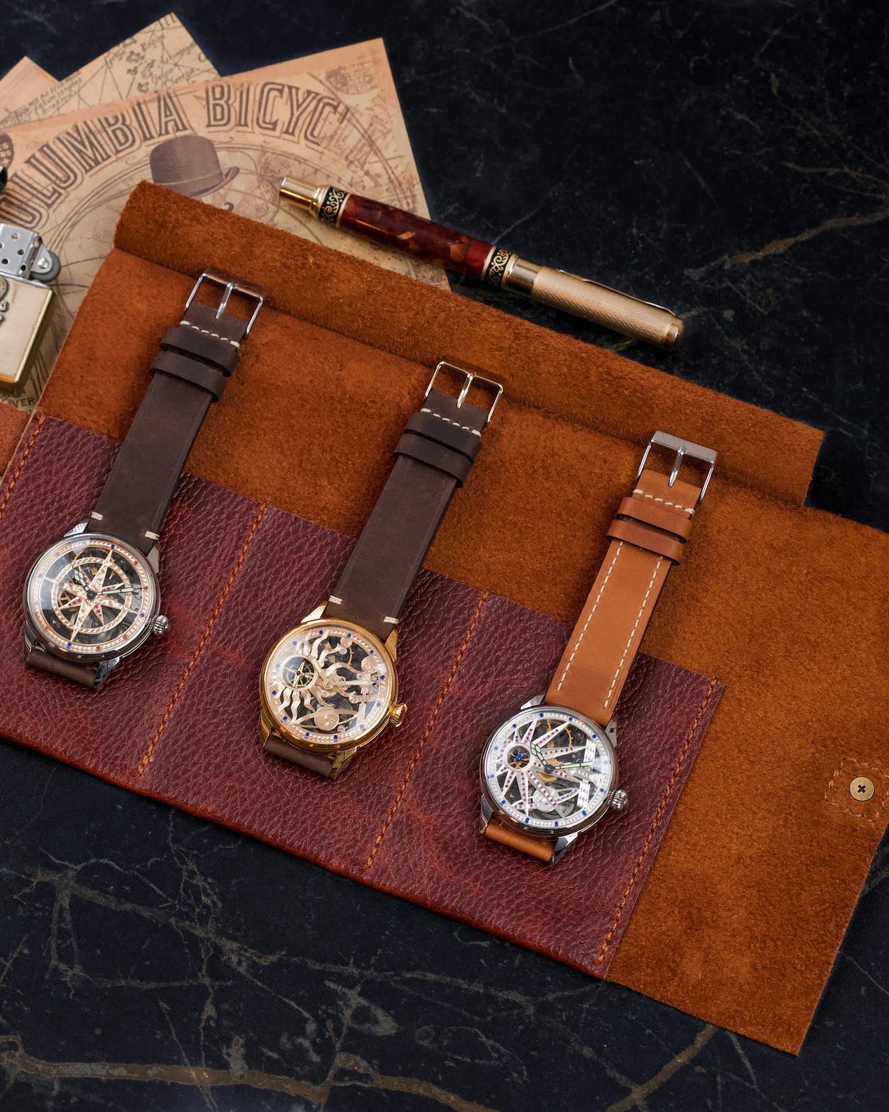 Brown Leather Watch Roll Case for 3 Watches, Handmade Watch Organizer with Closing Strap - VintageDuMarko