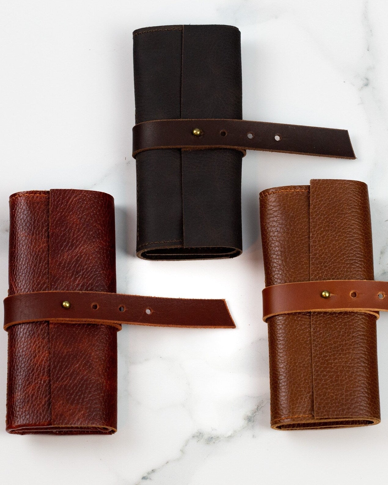 Brown Roll Watch Case for 3 Watches - Leather Watch Organizer with Closing Strap - VintageDuMarko