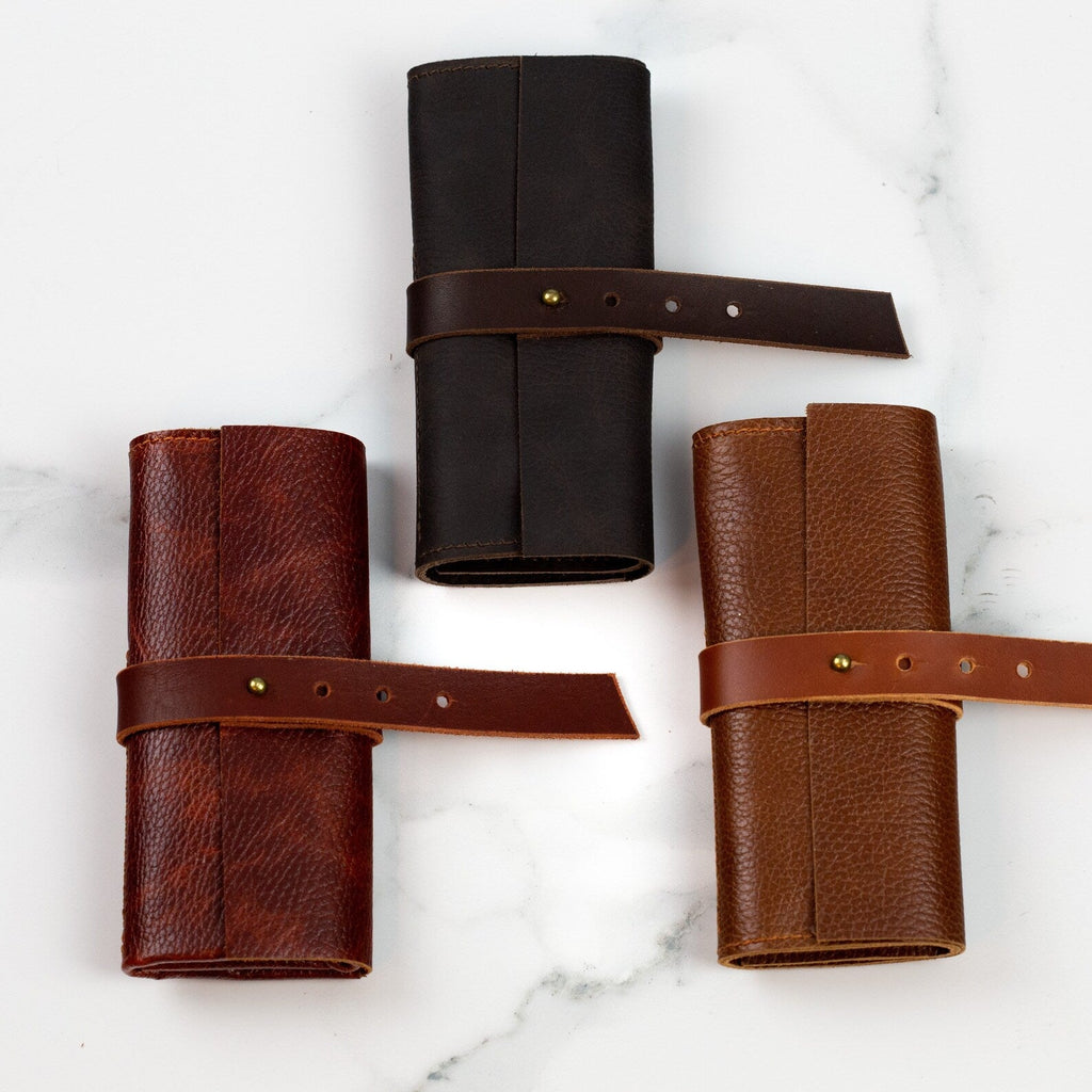 Brown Roll Watch Case for 3 Watches - Leather Watch Organizer with Closing Strap - VintageDuMarko