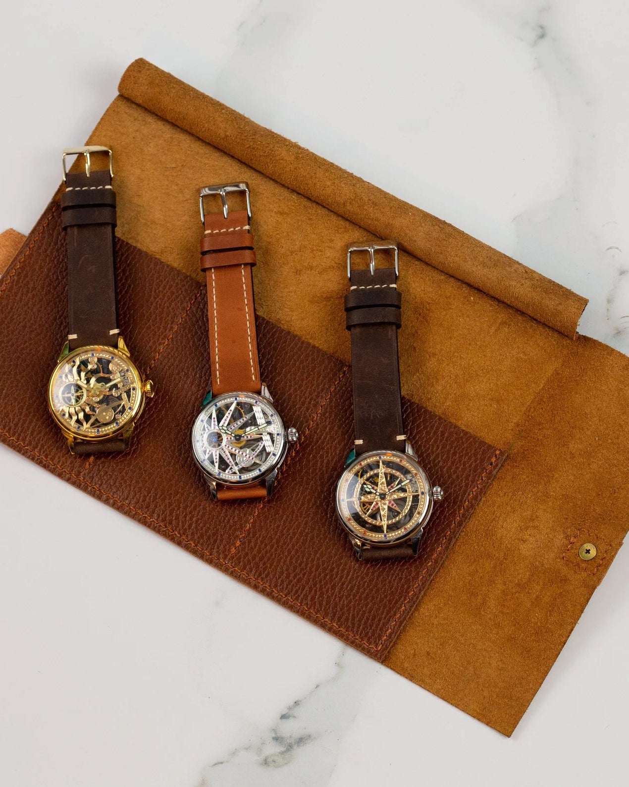 Brown Roll Watch Case for 3 Watches - Leather Watch Organizer with Closing Strap - VintageDuMarko