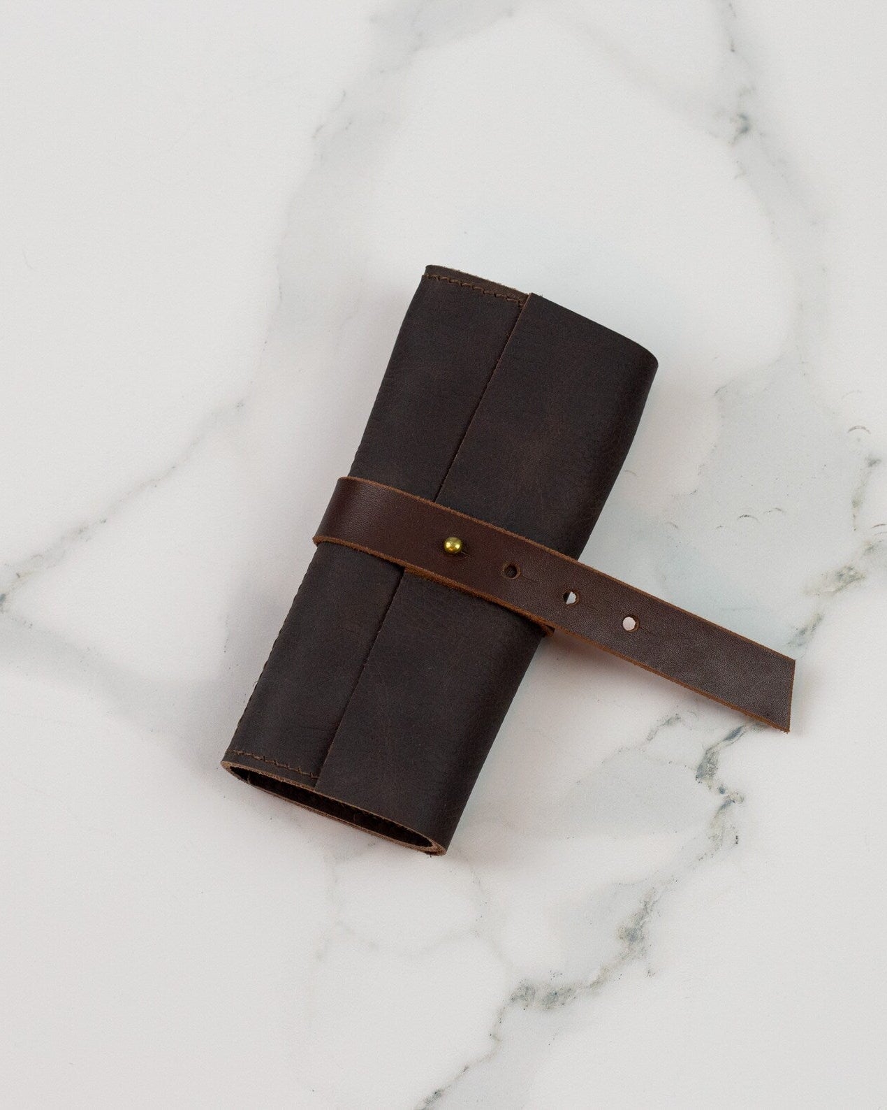 Dark Brown Leather Watch Roll Case for 3 Watches - Handmade Watch Organizer with Closing Strap - VintageDuMarko