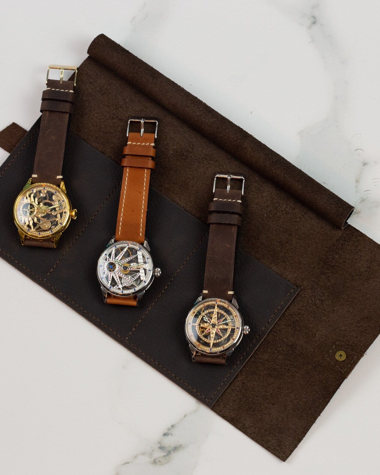 Dark Brown Leather Watch Roll Case for 3 Watches - Handmade Watch Organizer with Closing Strap - VintageDuMarko