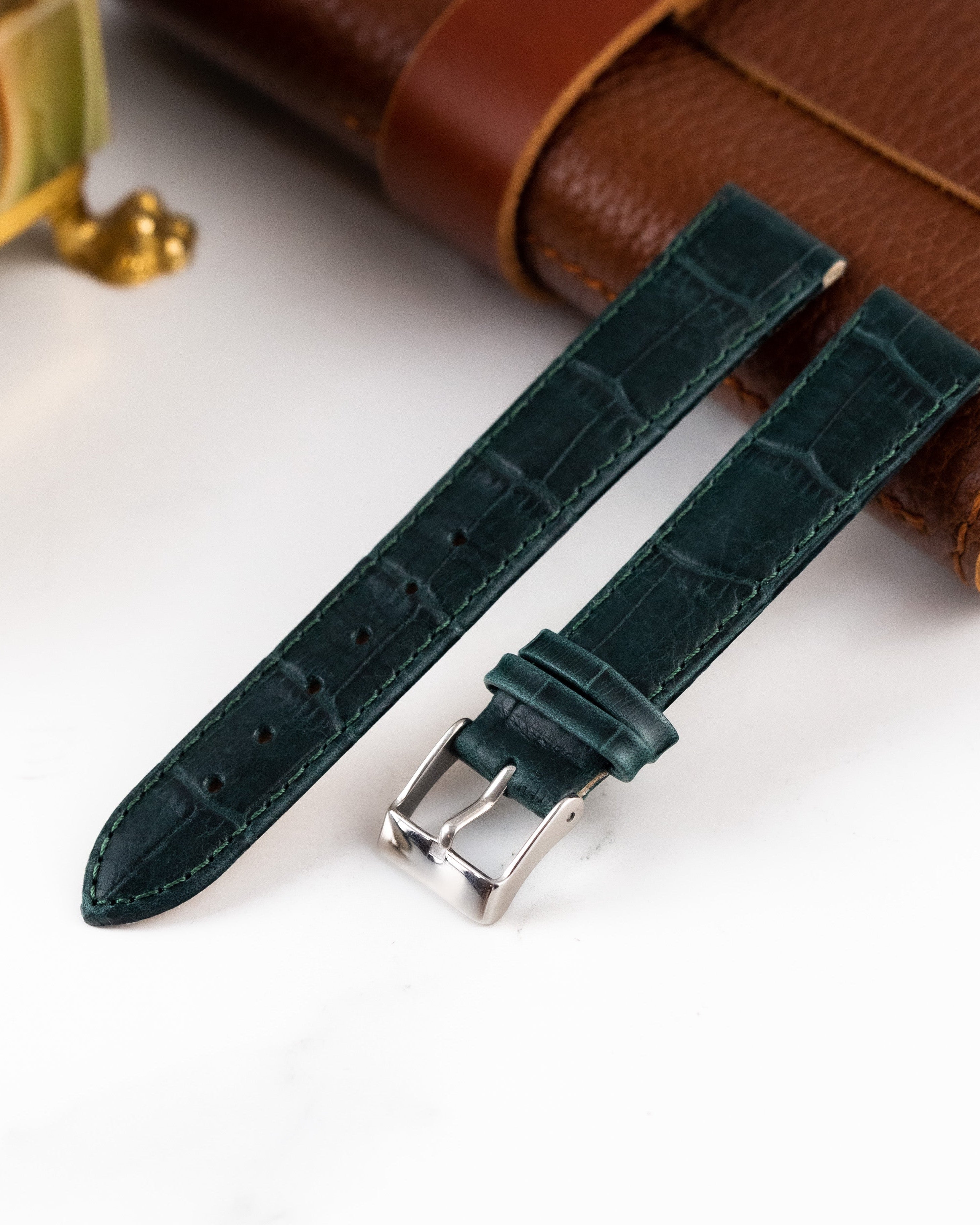 Green Embossed Leather Watch Strap, Slim Watch Strap - VintageDuMarko
