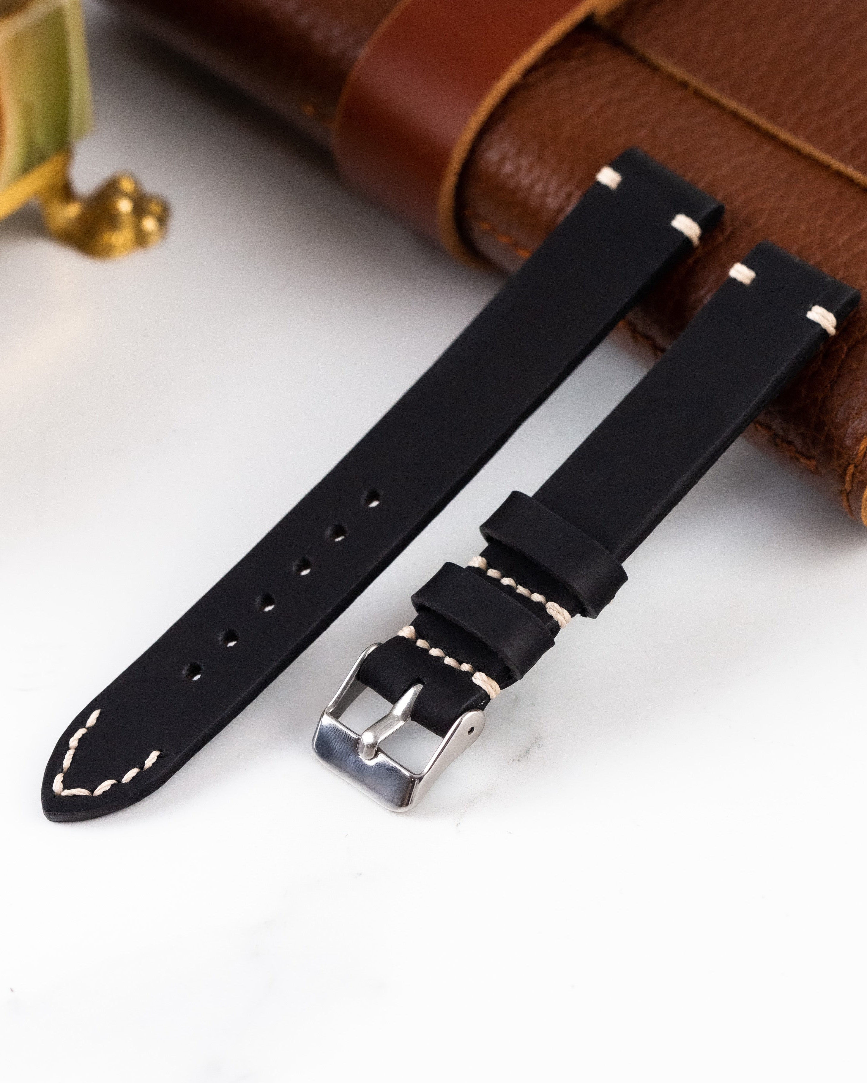 Handmade Black Leather Strap for Vintage Watch, Sttap with White Thread - VintageDuMarko