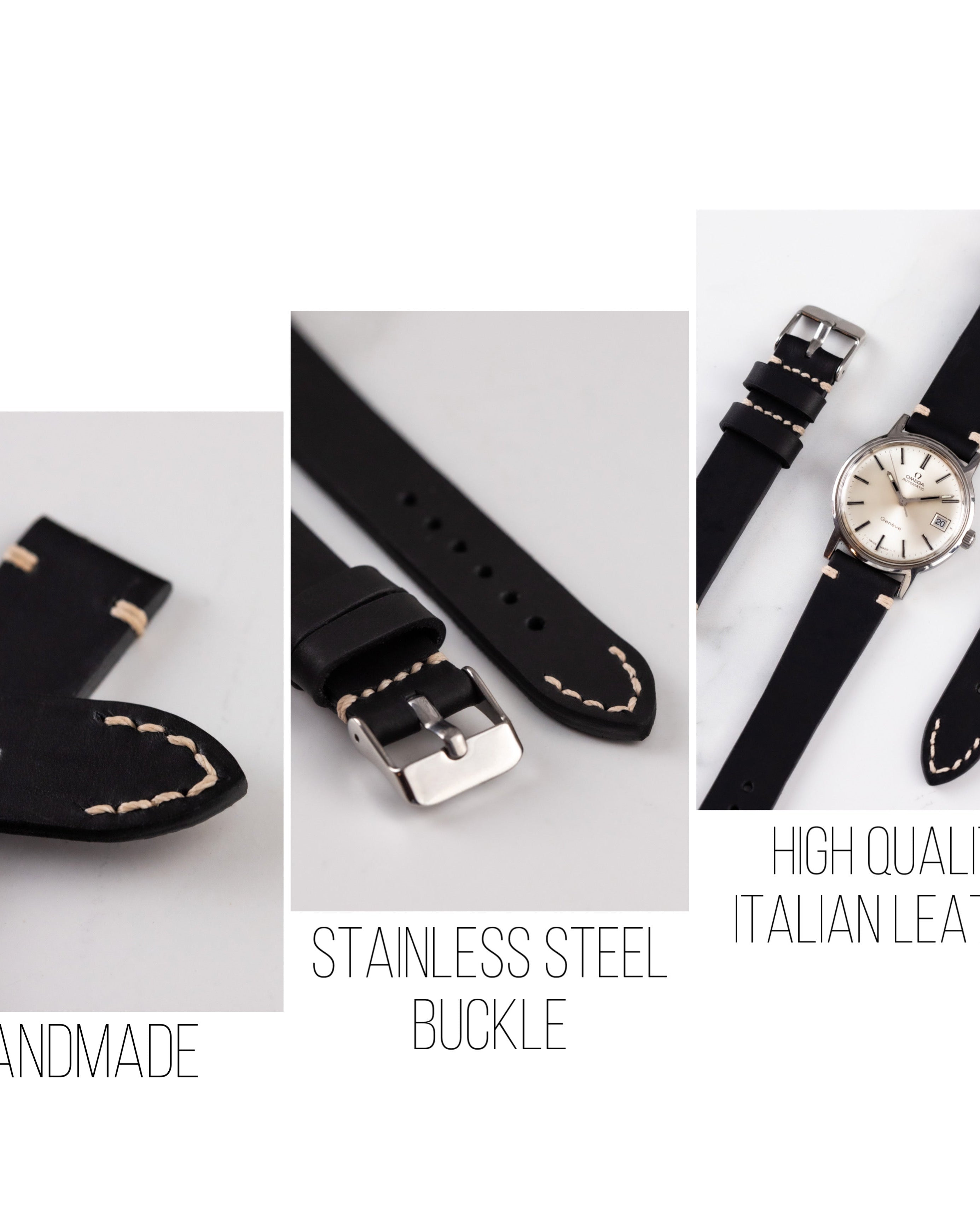 Handmade Black Leather Strap for Vintage Watch, Sttap with White Thread - VintageDuMarko