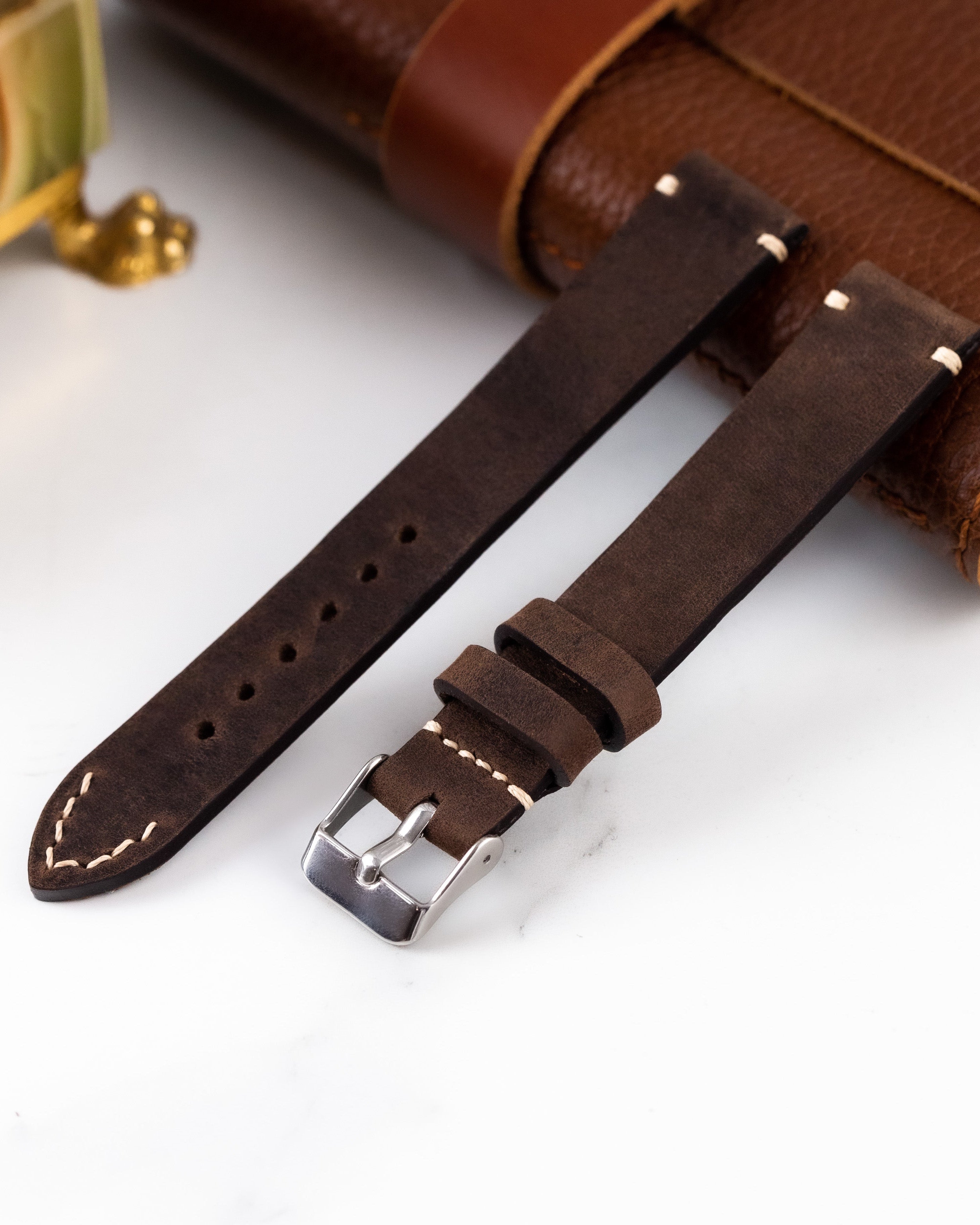 Handmade Dark Brown Leather Watch Strap with White Thread - VintageDuMarko