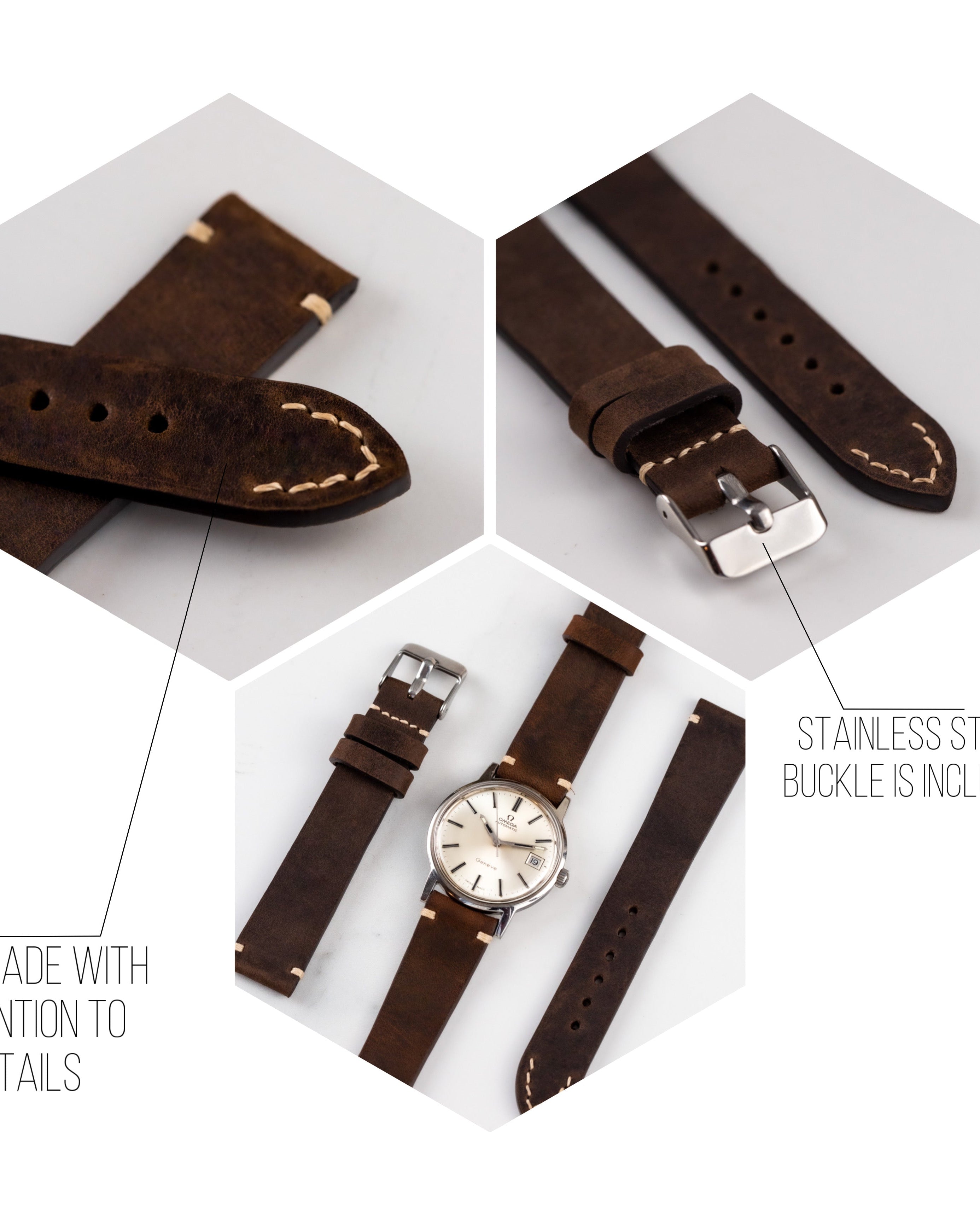Handmade Dark Brown Leather Watch Strap with White Thread - VintageDuMarko