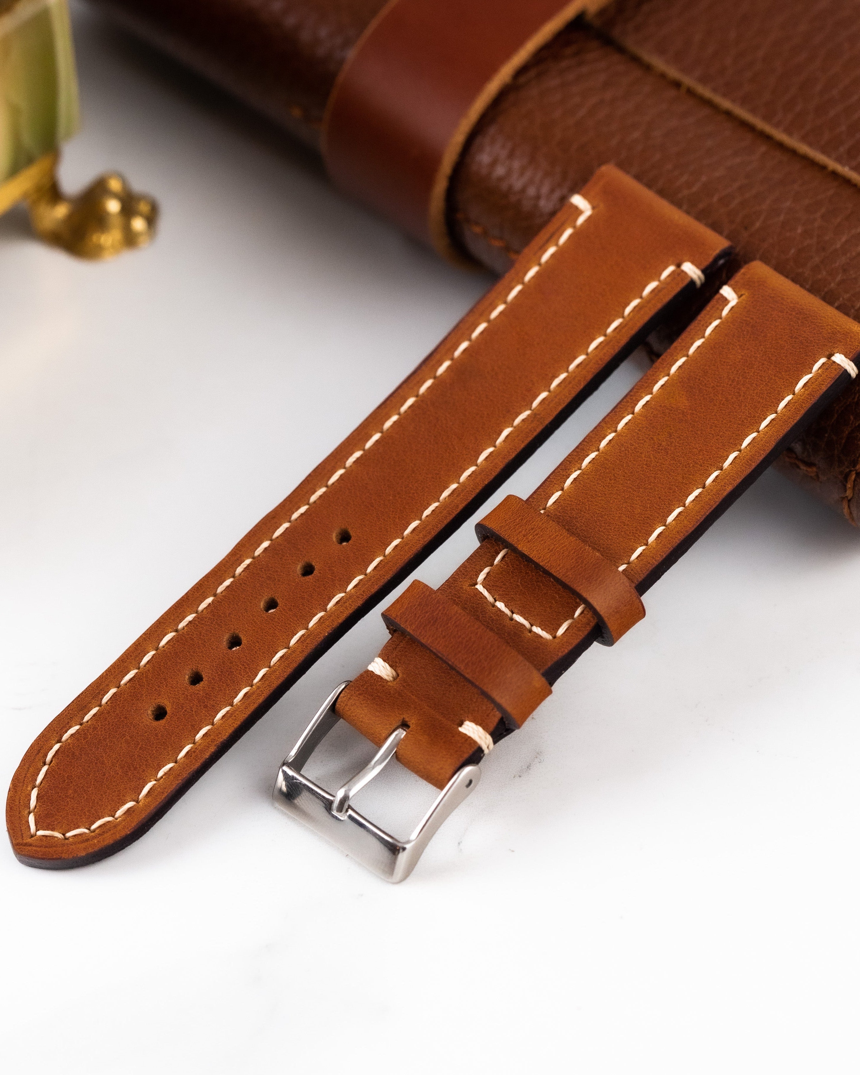 Handmade Light Brown Leather Watch Strap with White Thread - VintageDuMarko