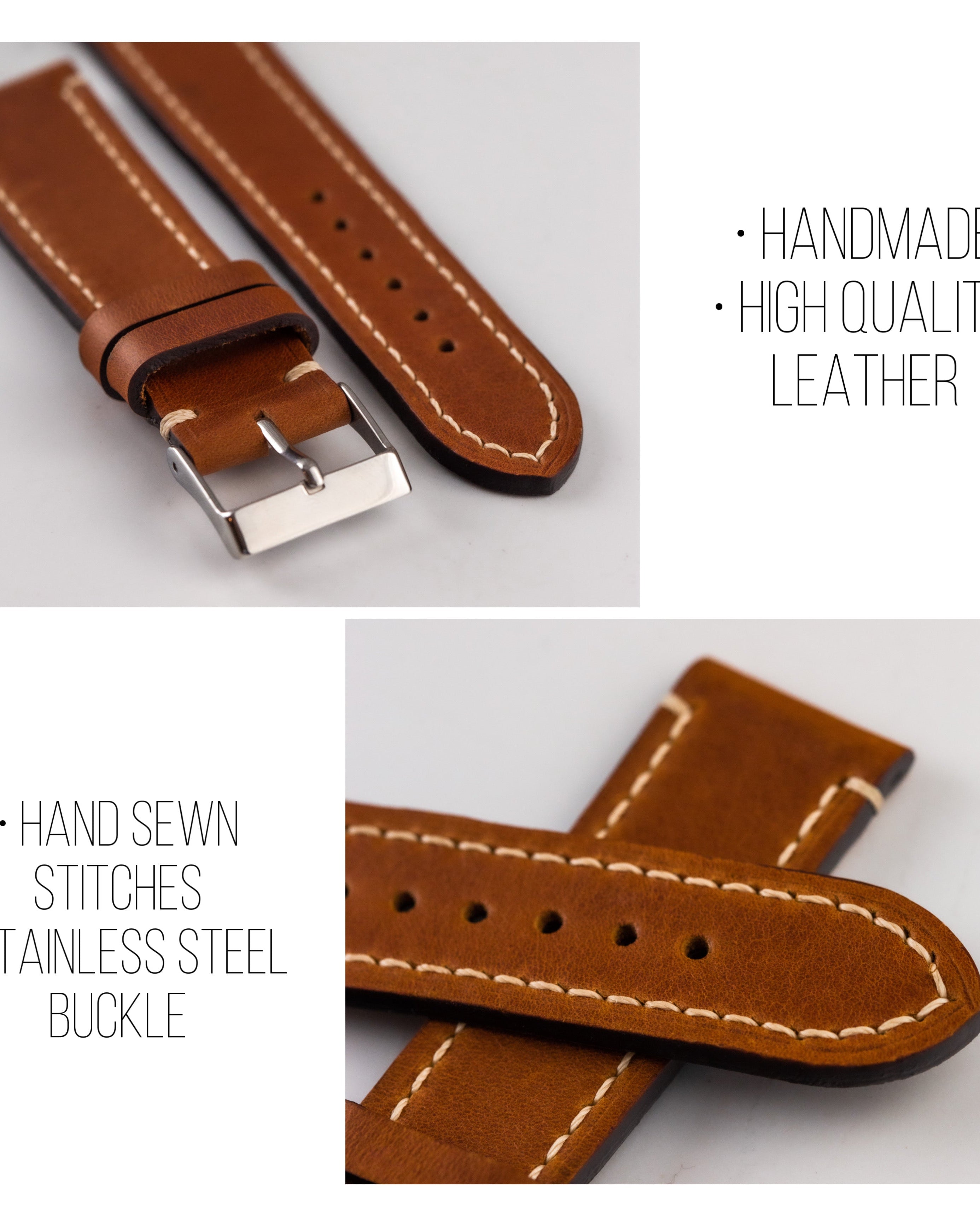 Handmade Light Brown Leather Watch Strap with White Thread - VintageDuMarko