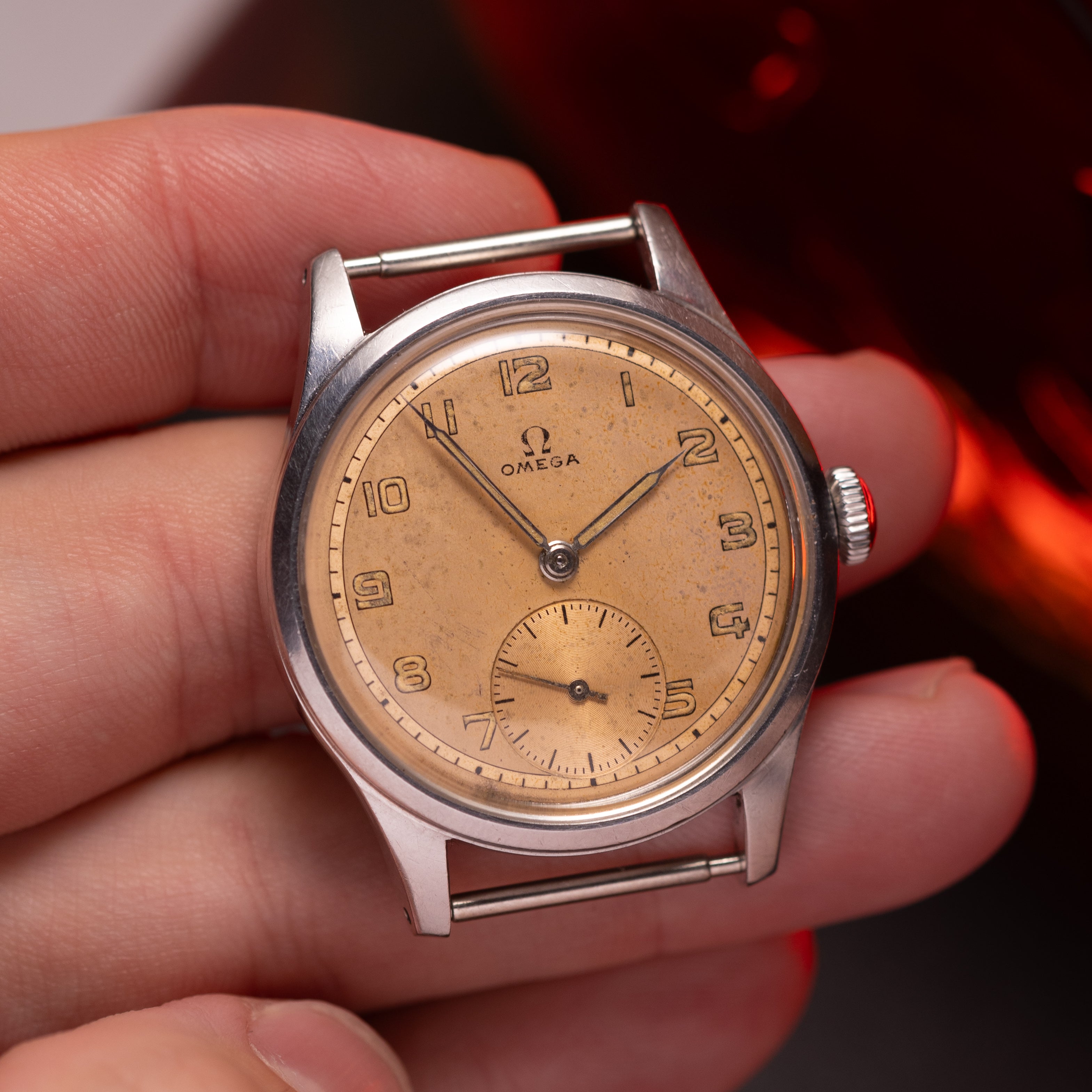 "Omega" Vintage Stainless Steel Watch, Patina Salmon Dial - VintageDuMarko