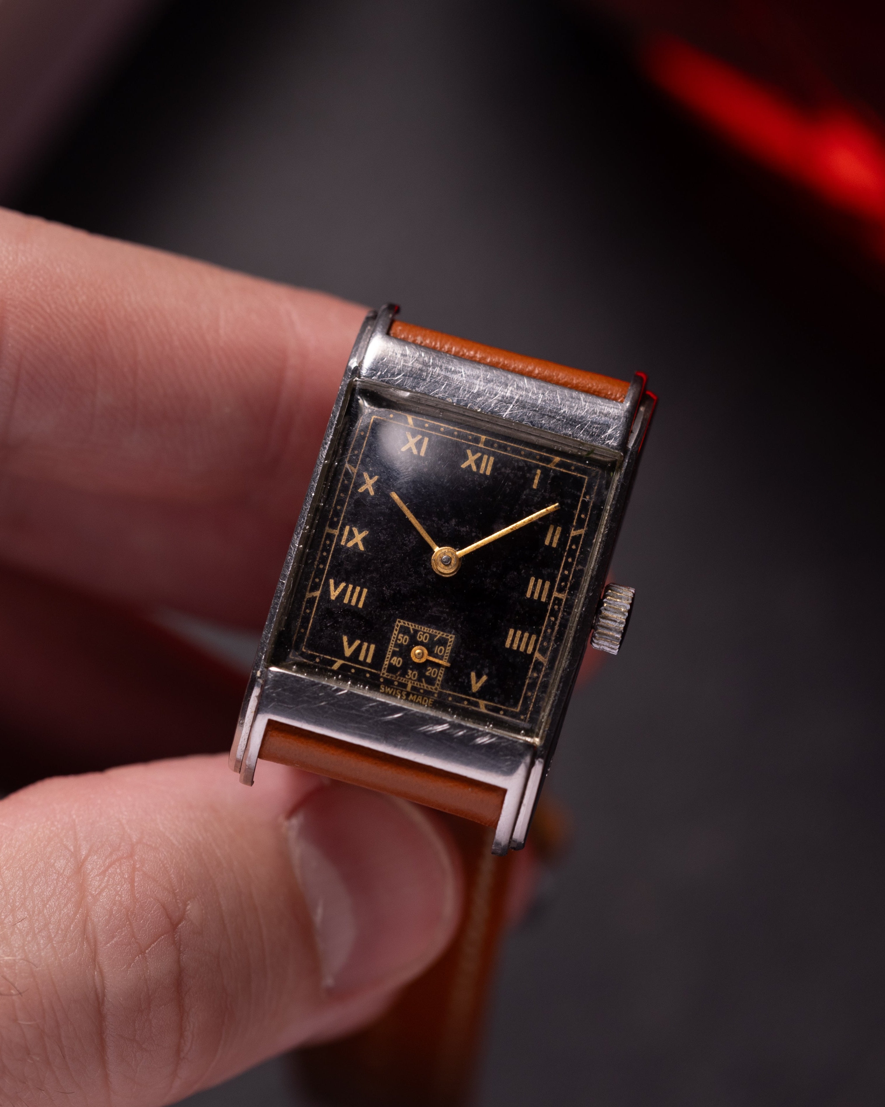 Vintage Black Dial Watch Swiss Tank, Art Deco from 1940s - VintageDuMarko