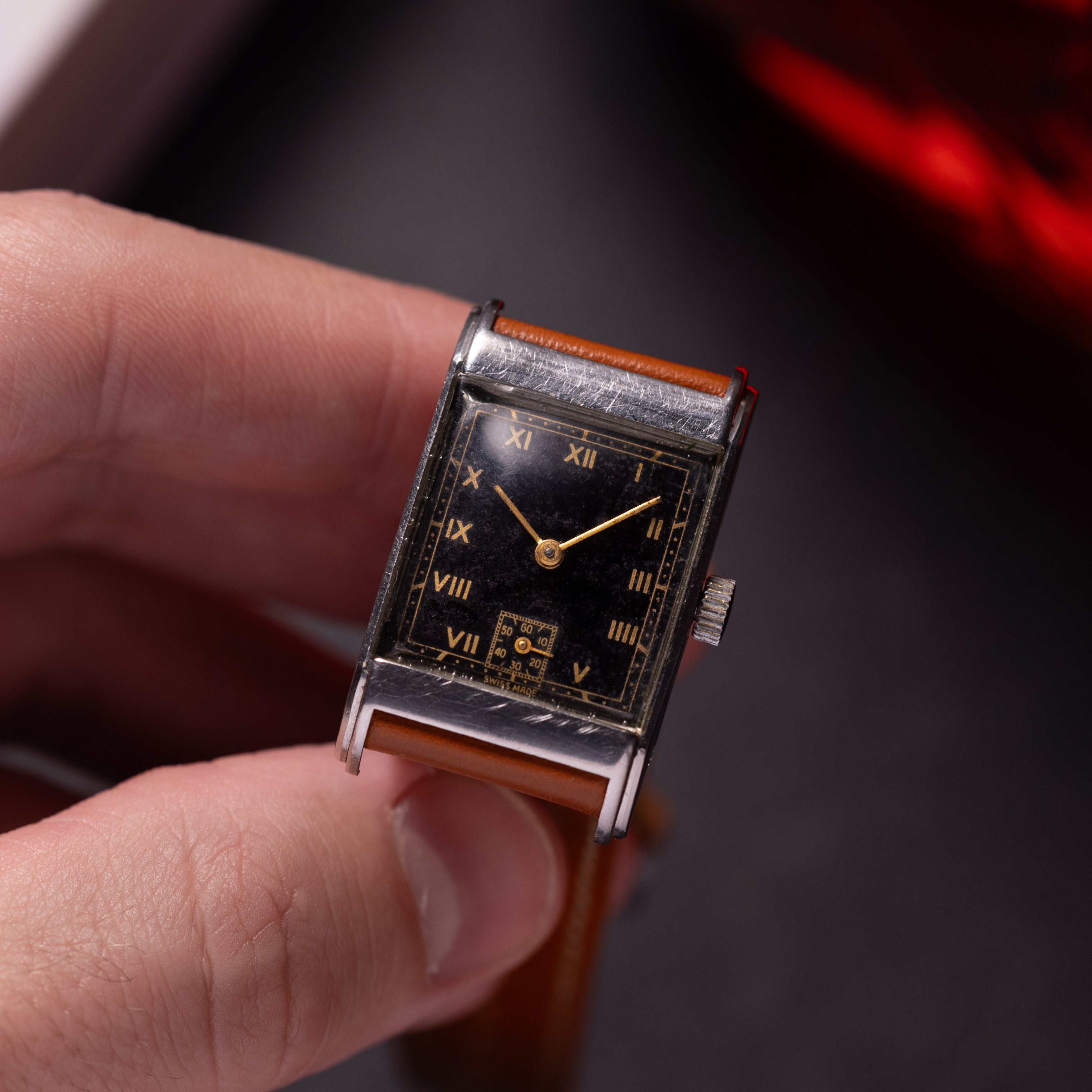 Vintage Black Dial Watch Swiss Tank, Art Deco from 1940s - VintageDuMarko