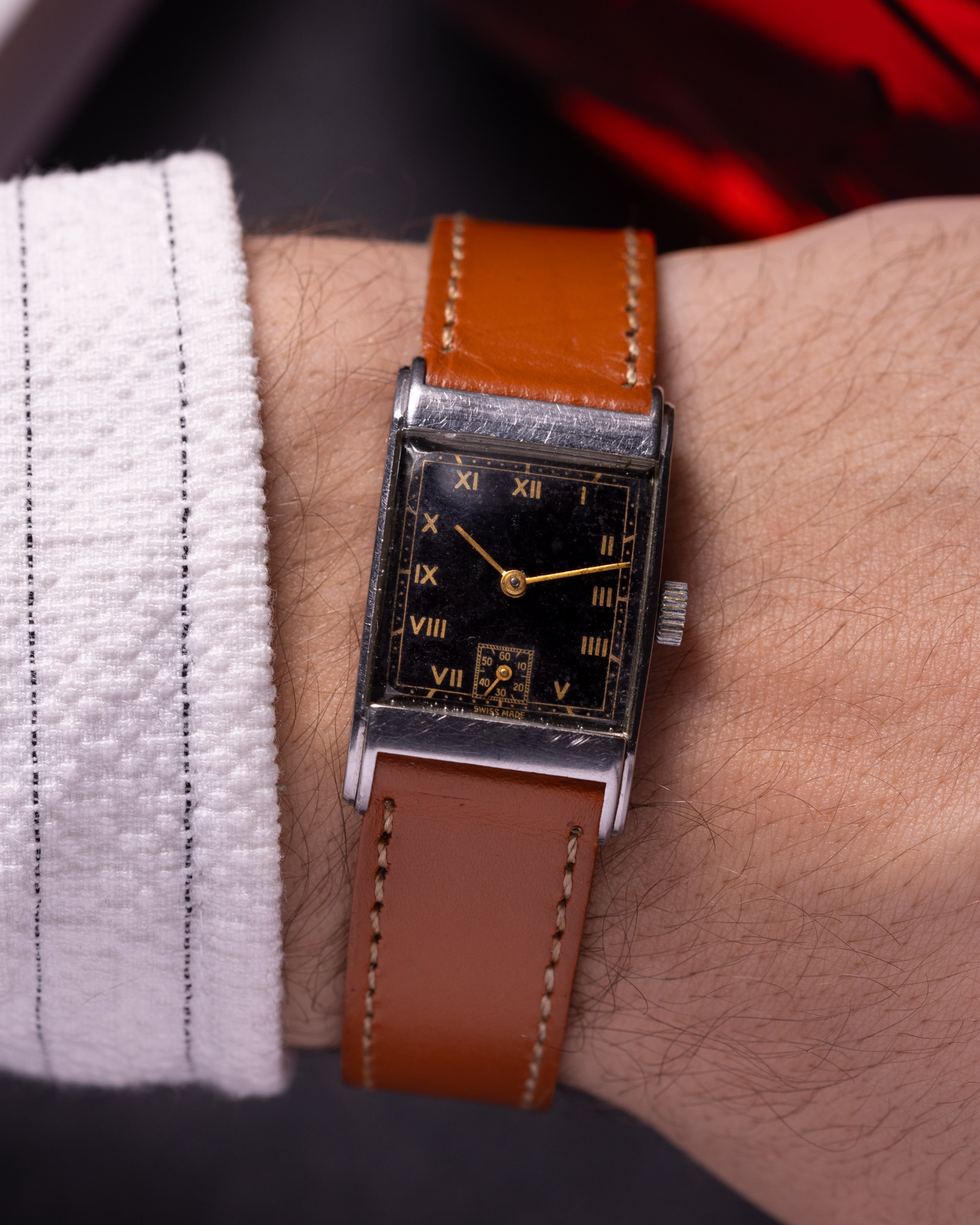 Vintage Black Dial Watch Swiss Tank, Art Deco from 1940s - VintageDuMarko