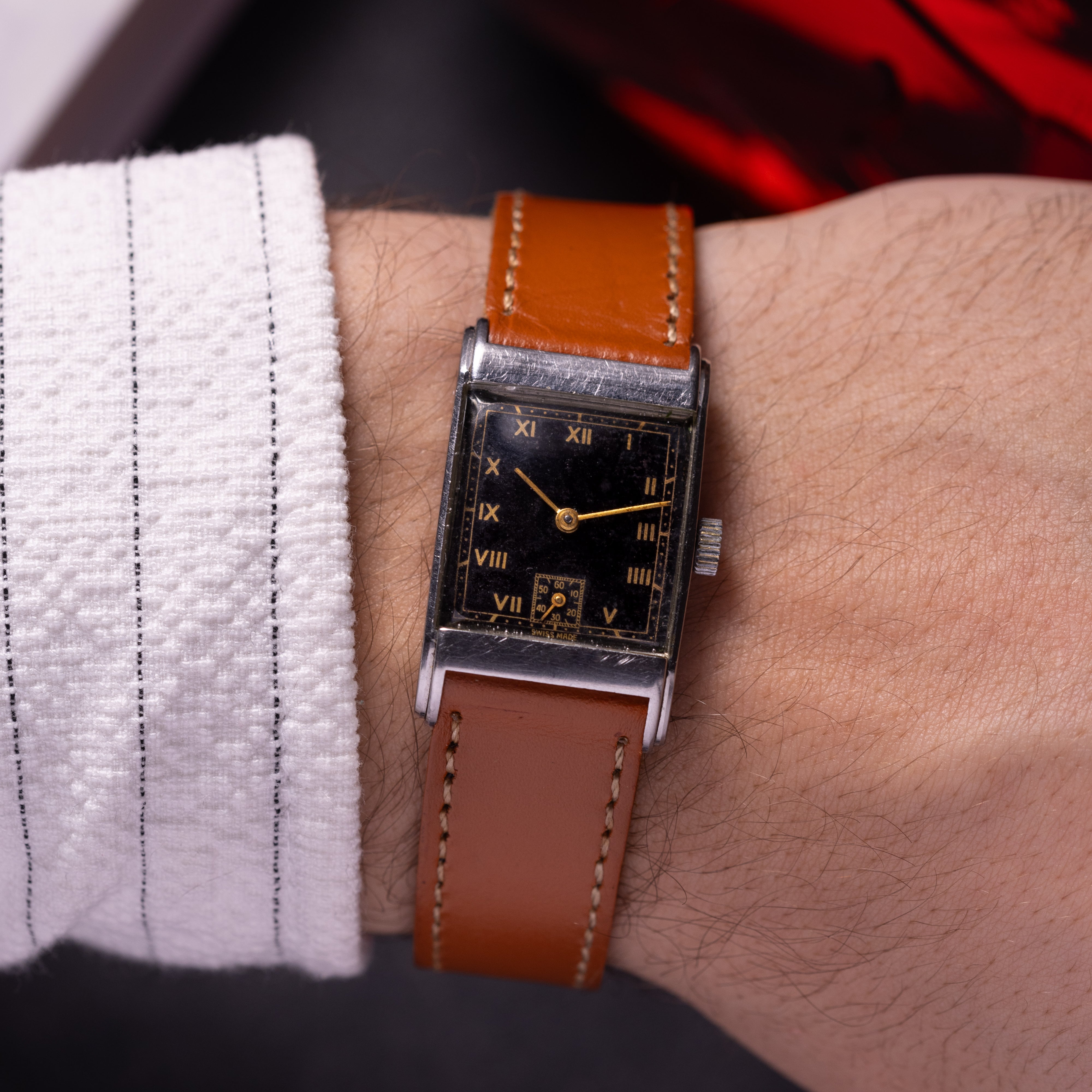 Vintage Black Dial Watch Swiss Tank, Art Deco from 1940s - VintageDuMarko