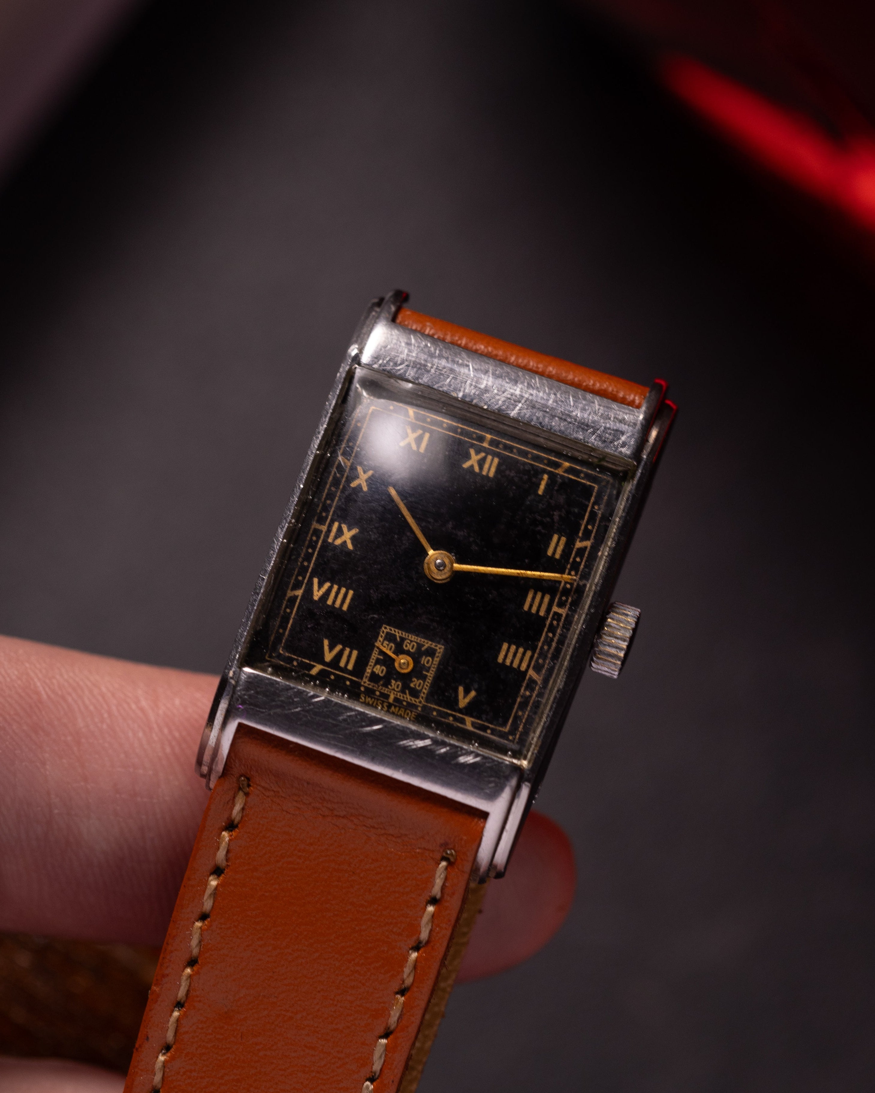 Vintage Black Dial Watch Swiss Tank, Art Deco from 1940s - VintageDuMarko