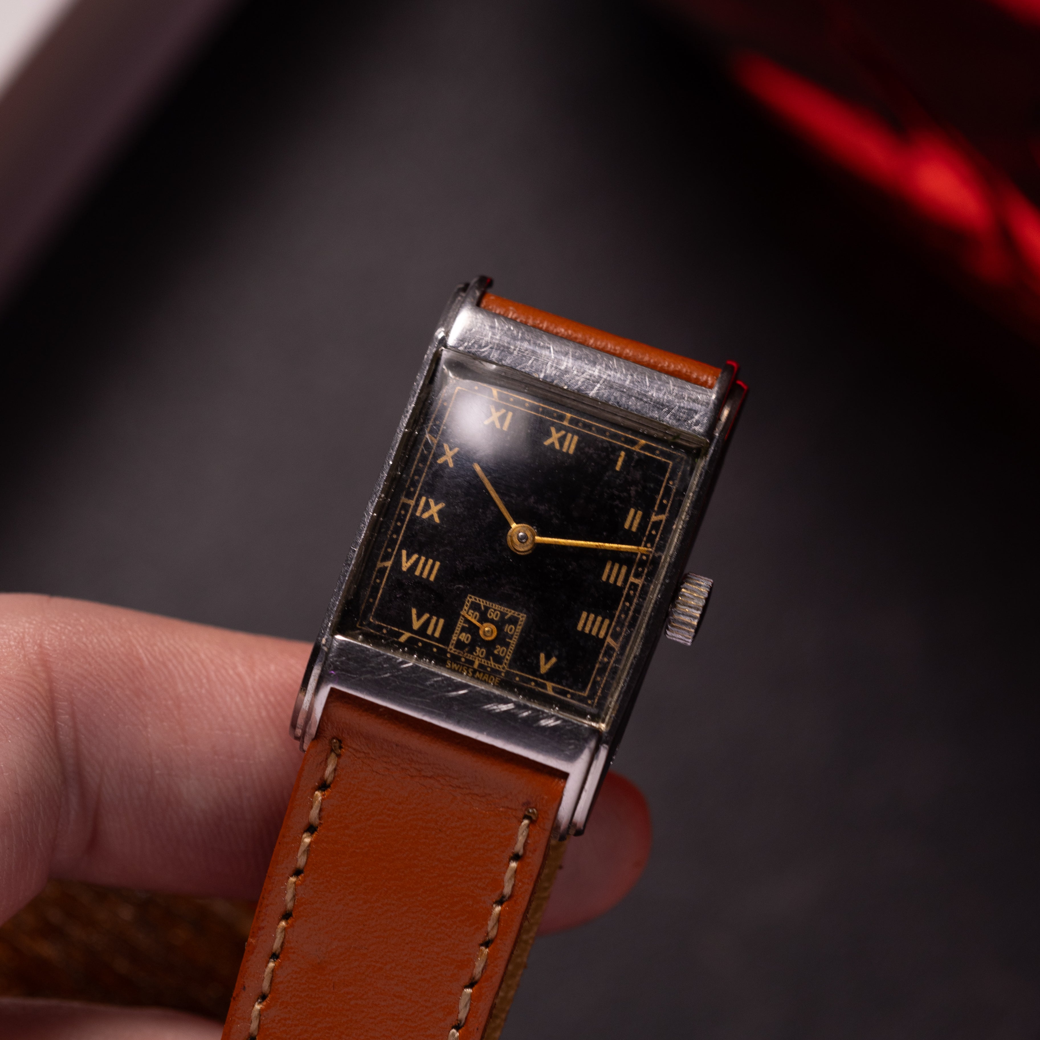 Vintage Black Dial Watch Swiss Tank, Art Deco from 1940s - VintageDuMarko