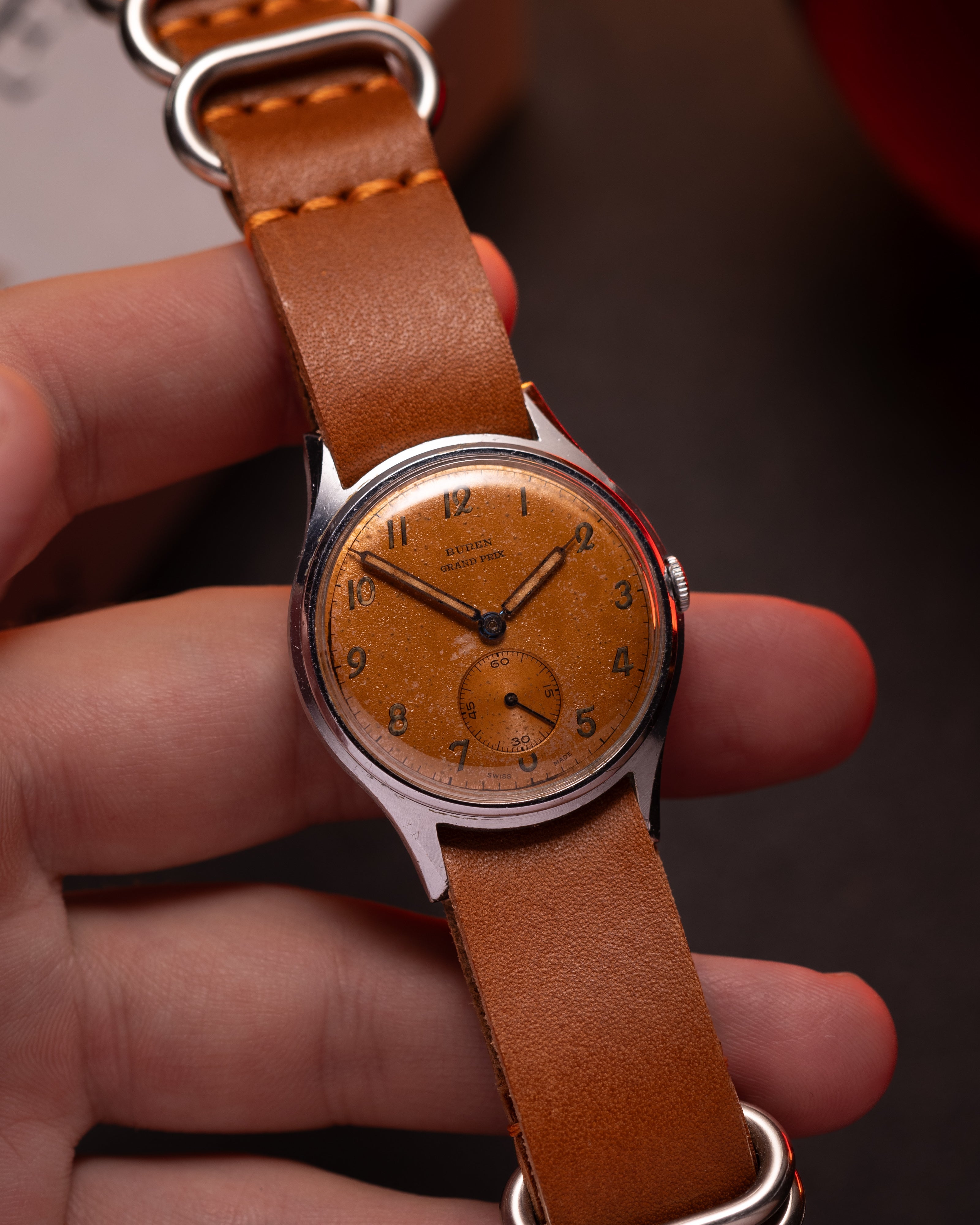 Vintage Buren Gran Prix, Patina Salmon Dial from 1940's - VintageDuMarko