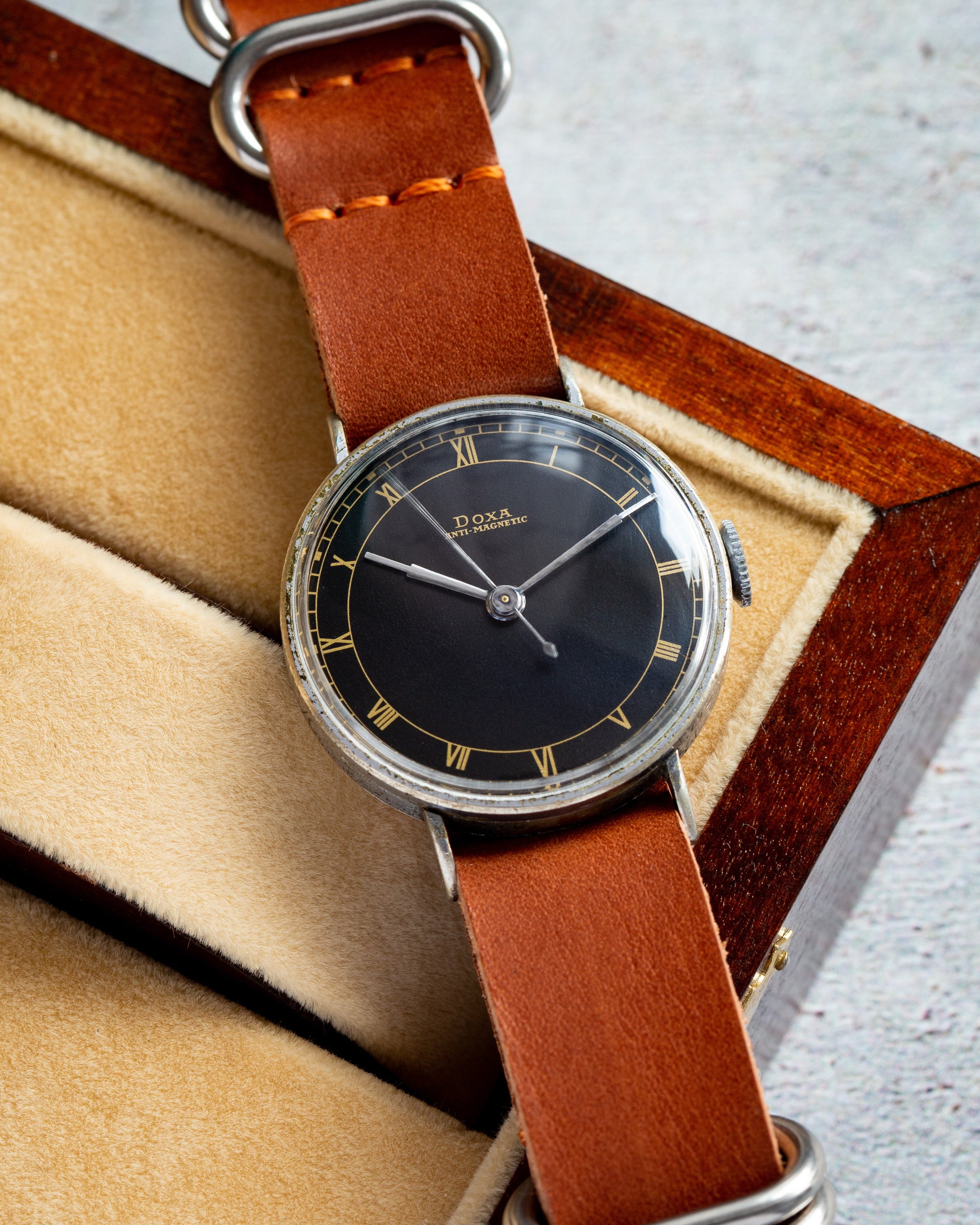 Vintage "Doxa" Military Swiss Watch for Men, Rare Black Dial - VintageDuMarko