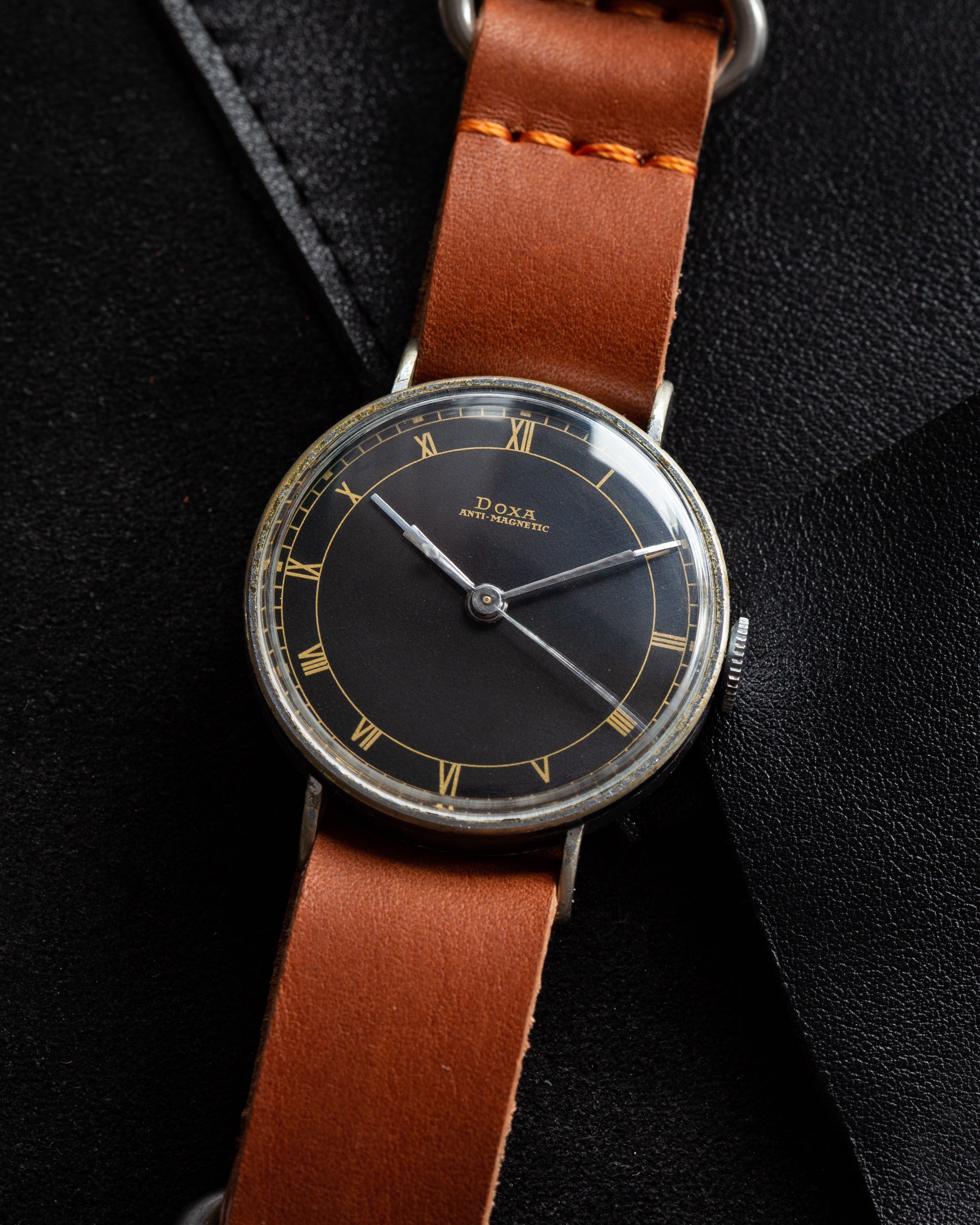 Vintage "Doxa" Military Swiss Watch for Men, Rare Black Dial - VintageDuMarko